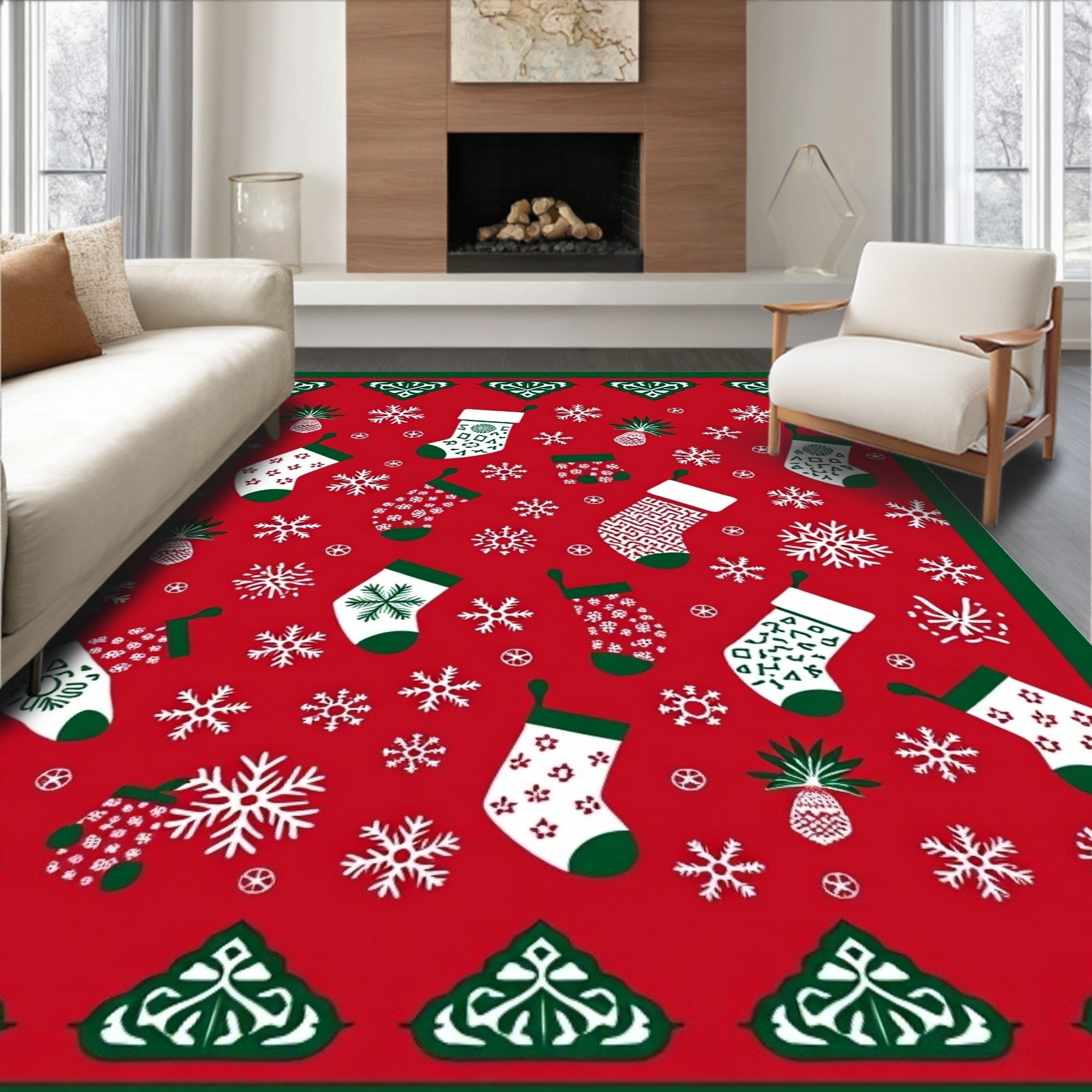 Red Snow Stockings Pineapple Border Rug