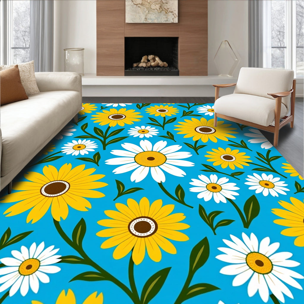 Vibrant Yellow White Daisy Garden Rug