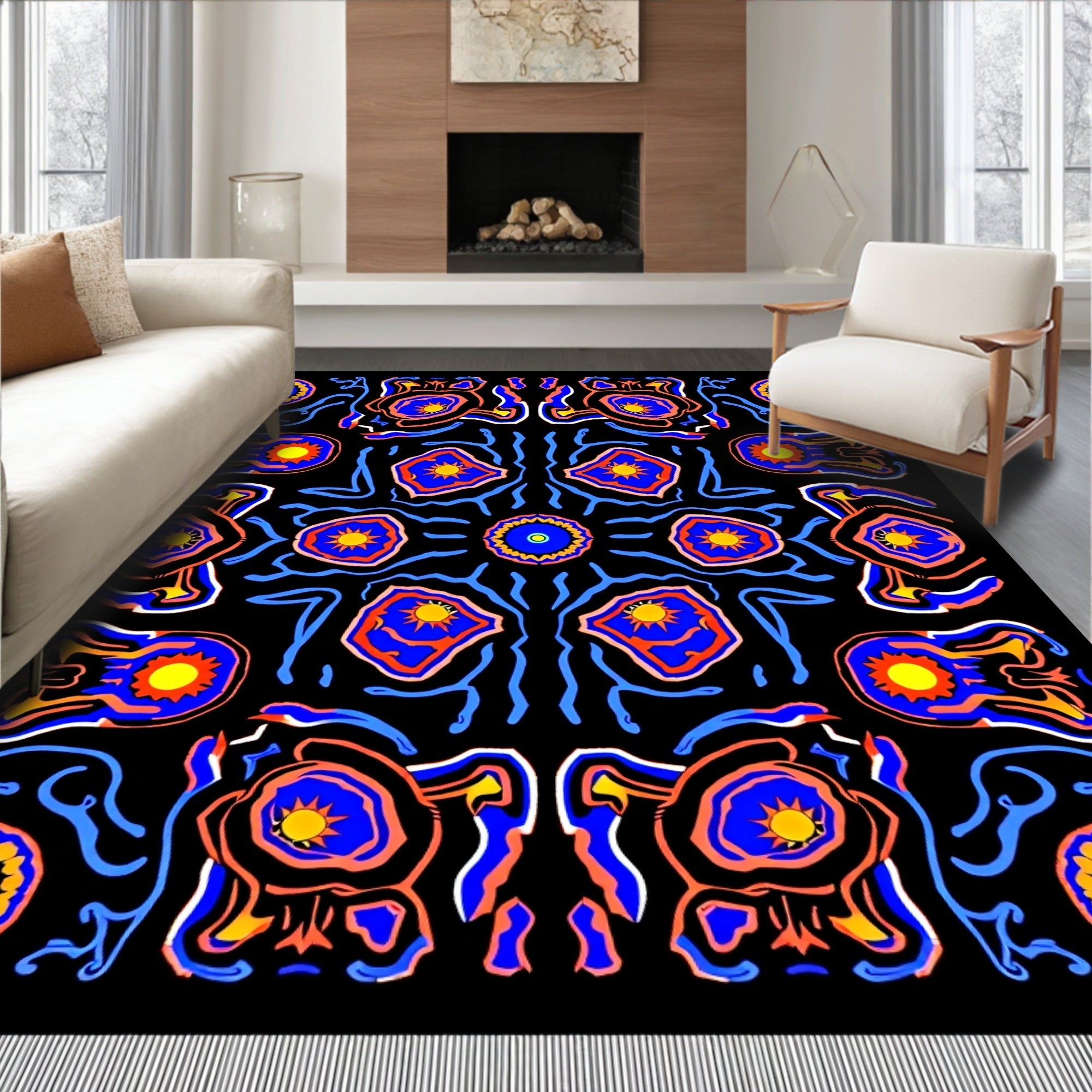 Bold Blue Sunburst Mandala Rug