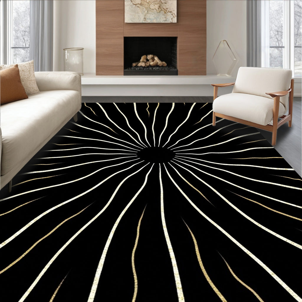 Radiating Sunburst Black and Gold Stripes Rug