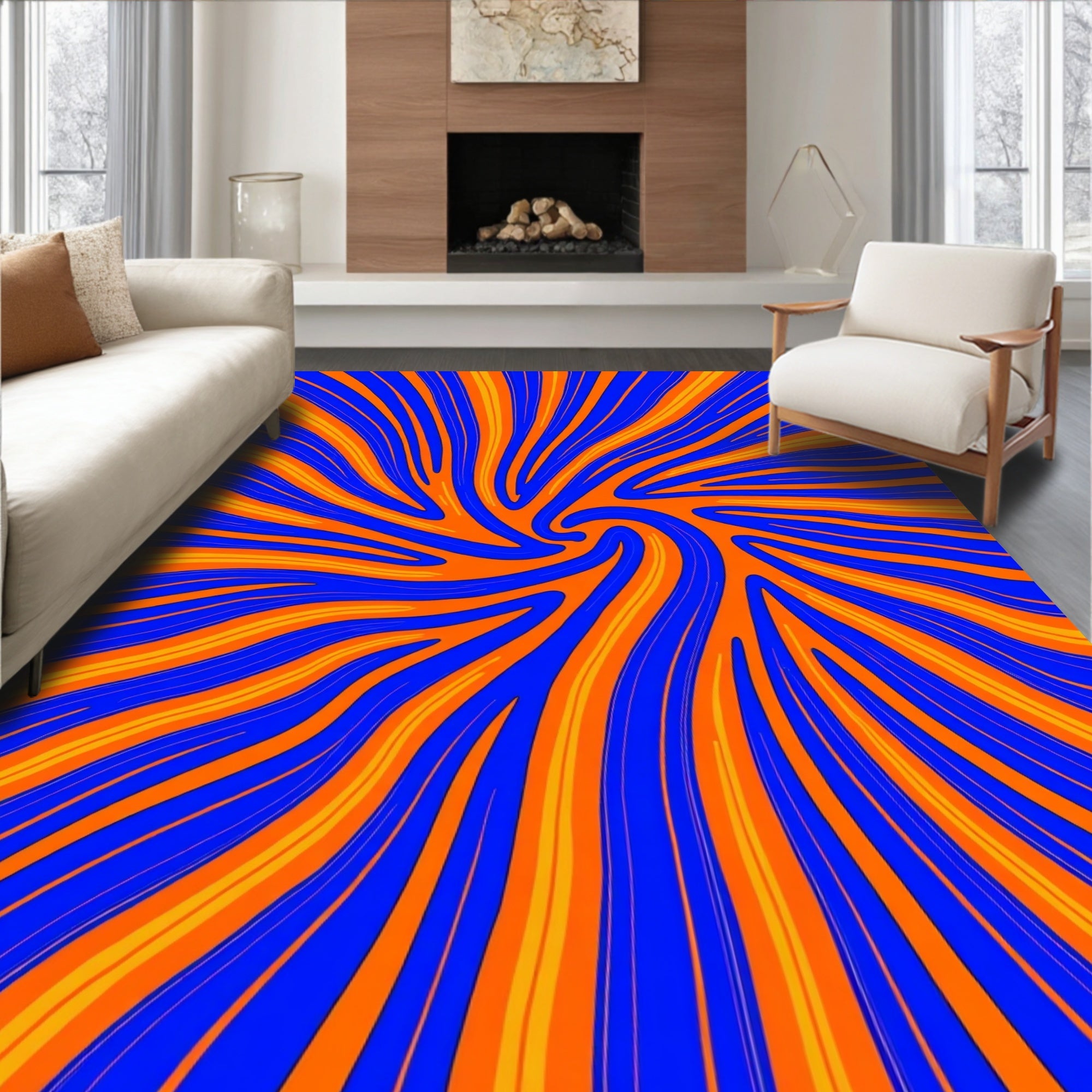 Vibrant Blue Orange Swirl Energy Rug