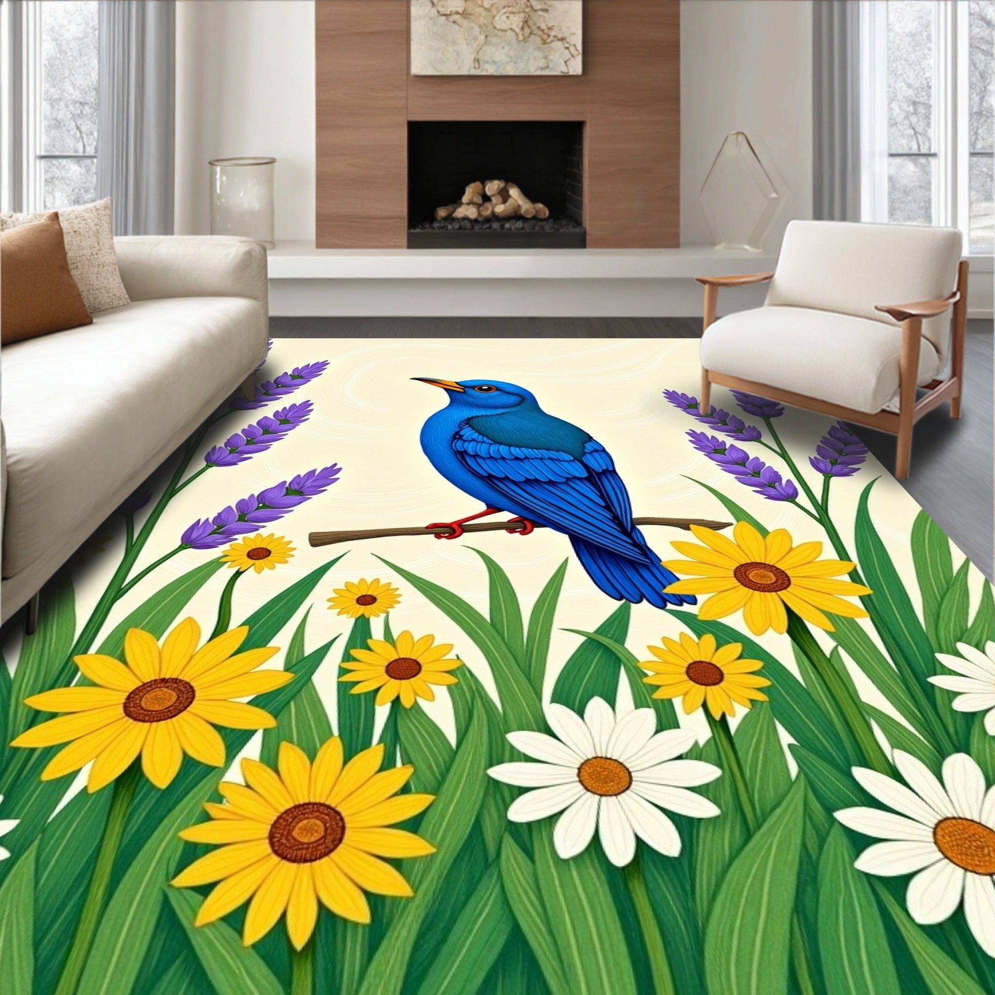 Vibrant Blue Bird Lavender Daisy Meadow Rug