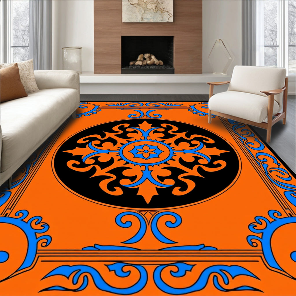 Vibrant Orange Black Blue Medallion Border Rug