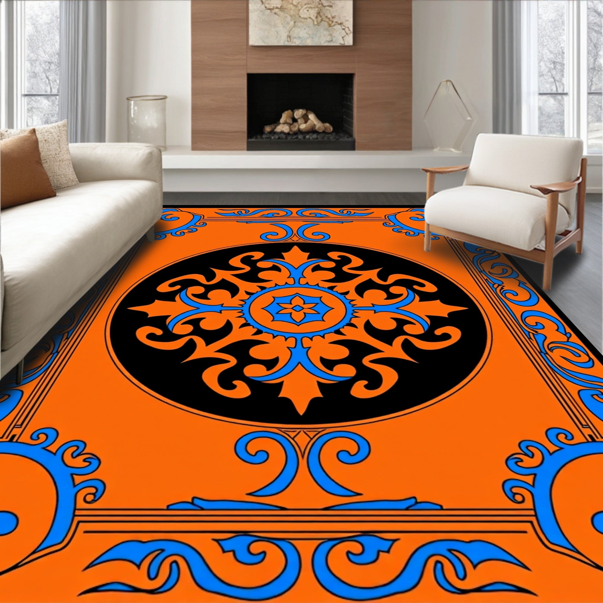 Vibrant Orange Black Blue Medallion Border Rug