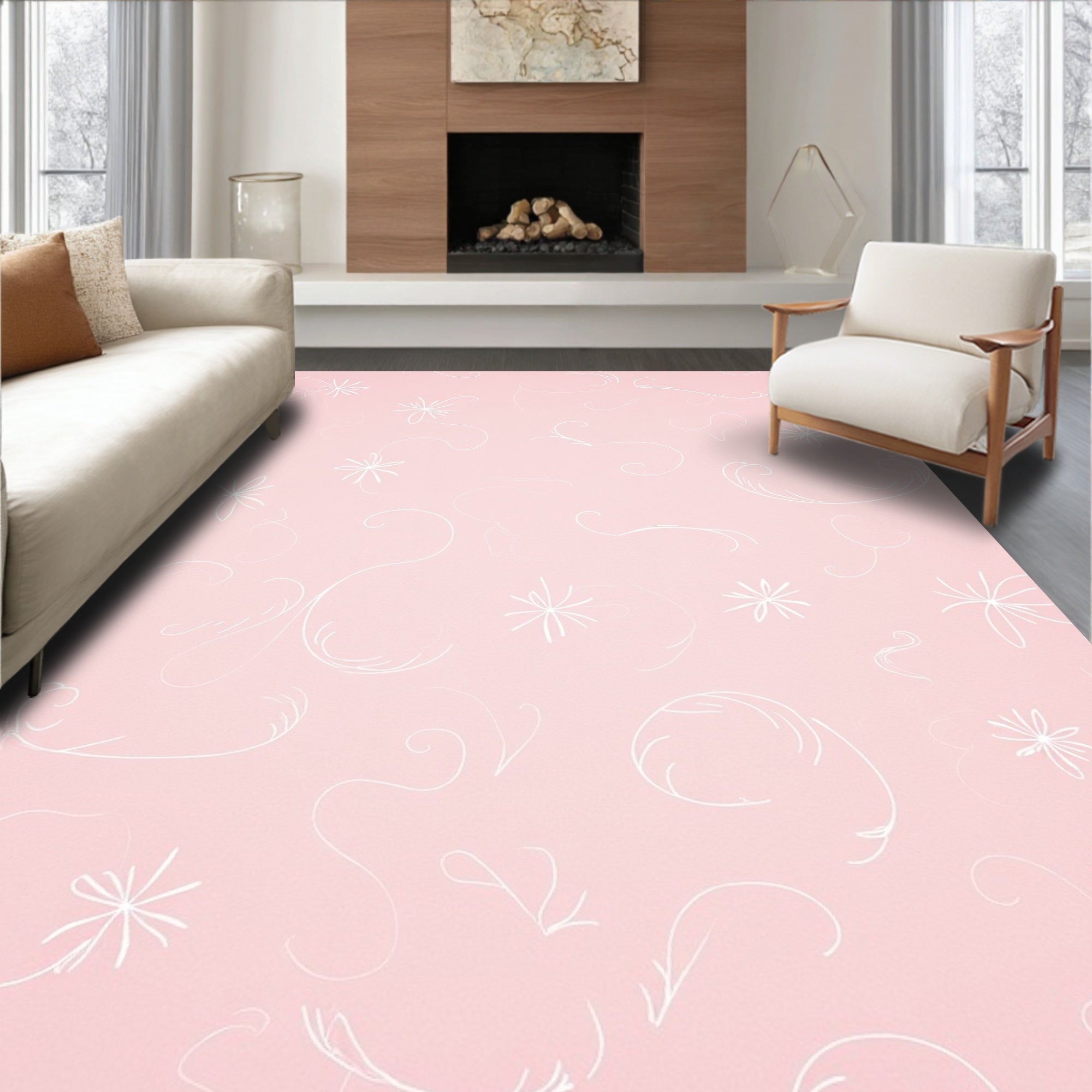 Pale Pink Floral Swirl Sketch Rug