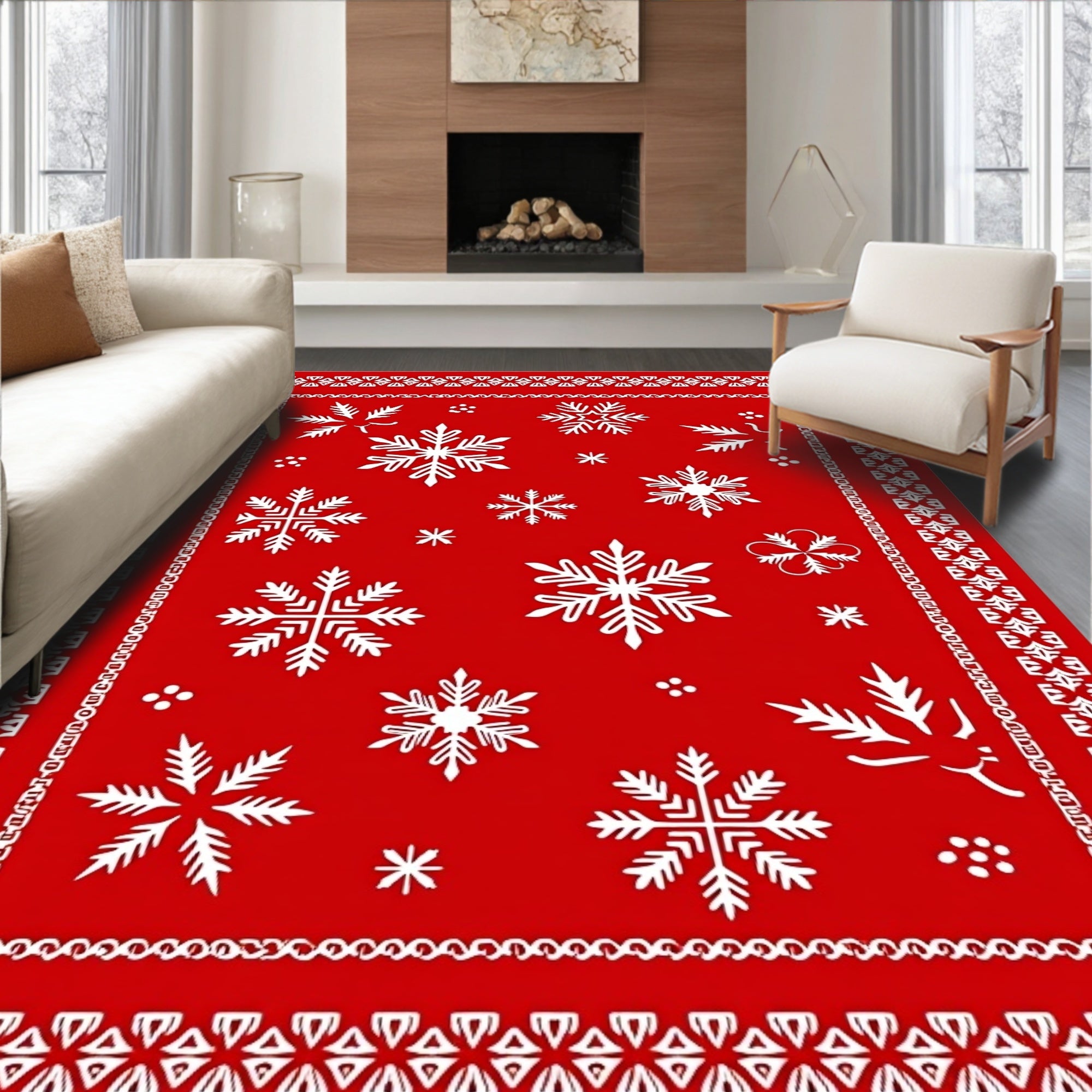 Classic Red Snowflake Holiday Border Rug