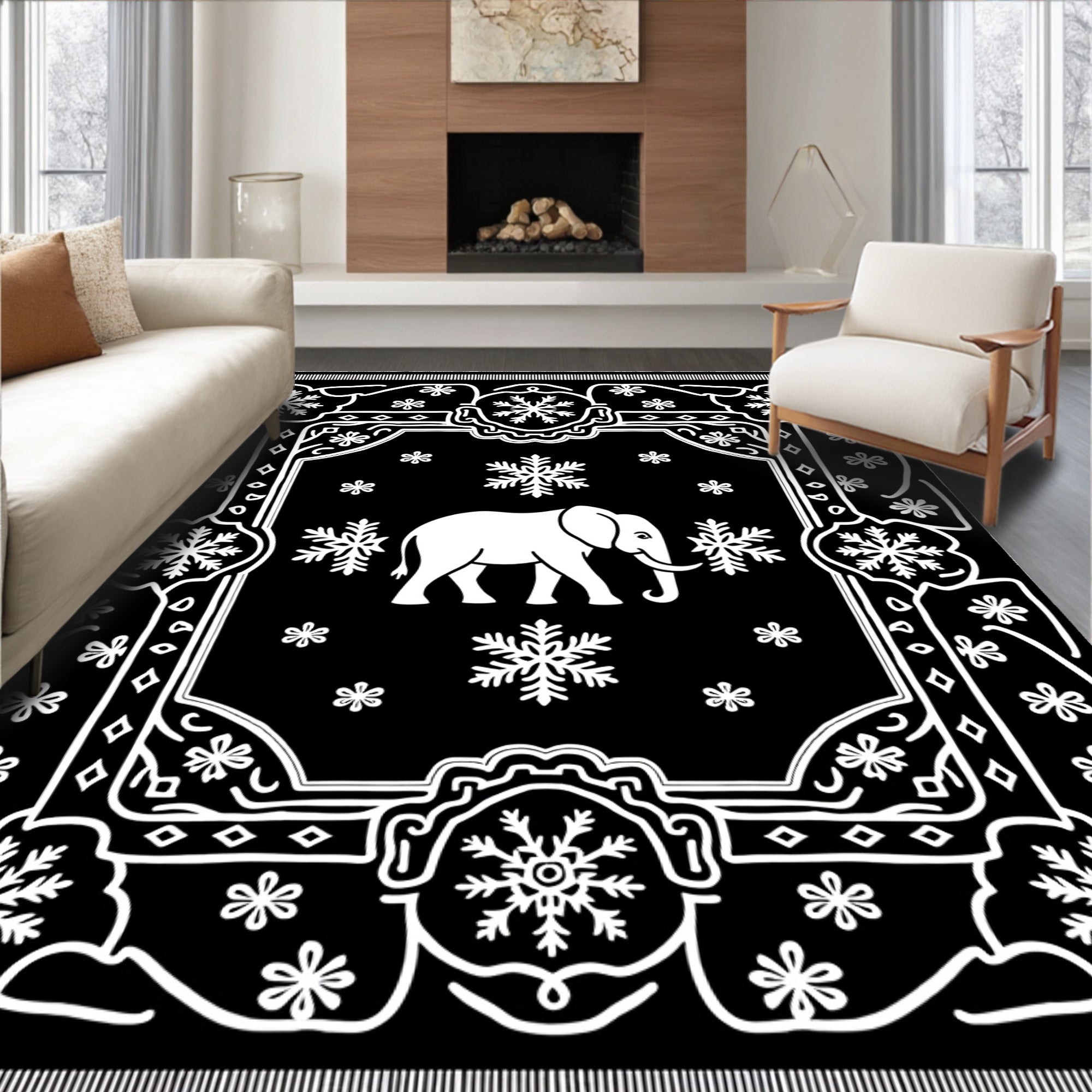 Black White Elephant Snowflake Frame Rug
