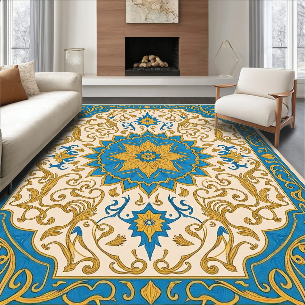 Blue Gold Floral Medallion Square Rug