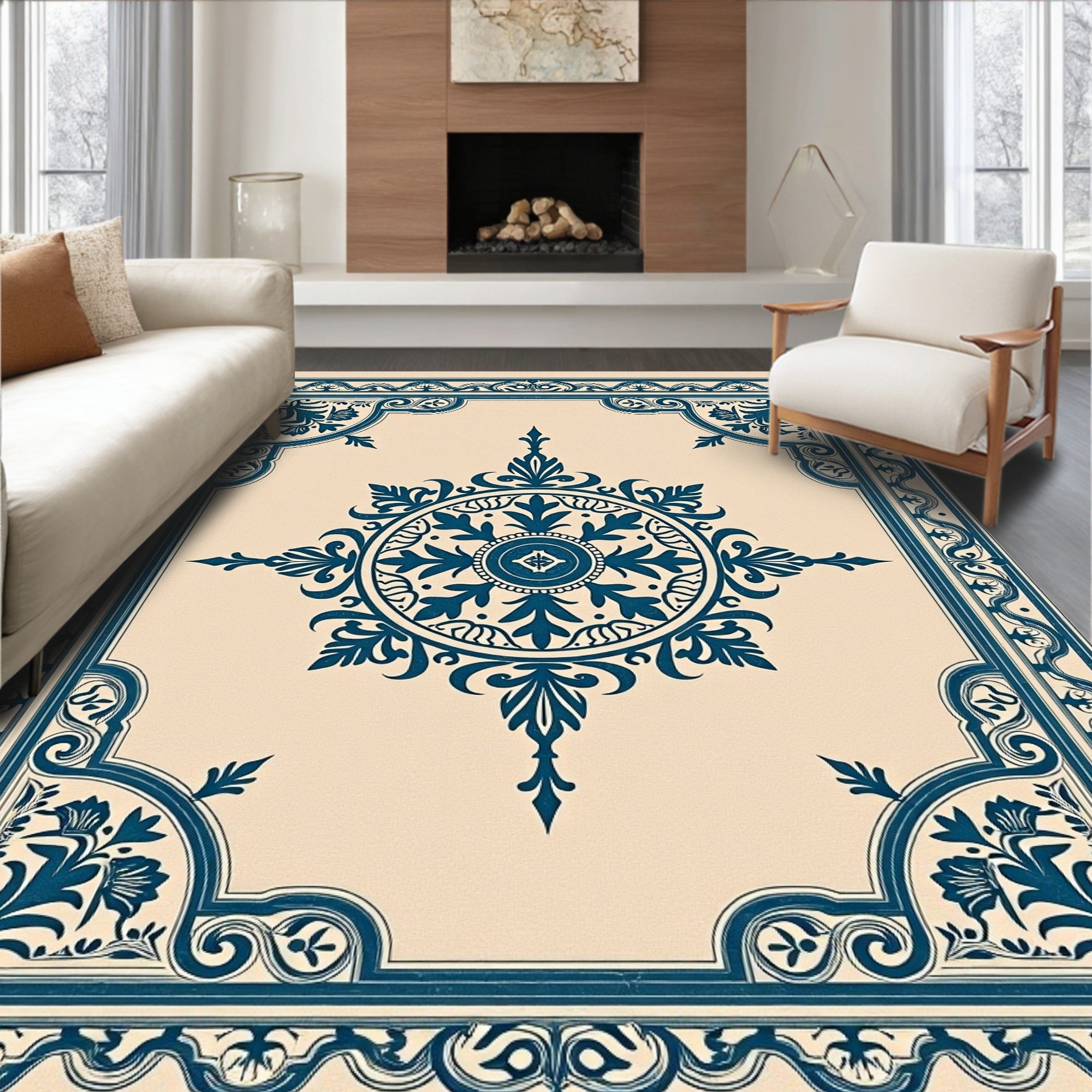 Ornate Navy Blue Floral Medallion Rug