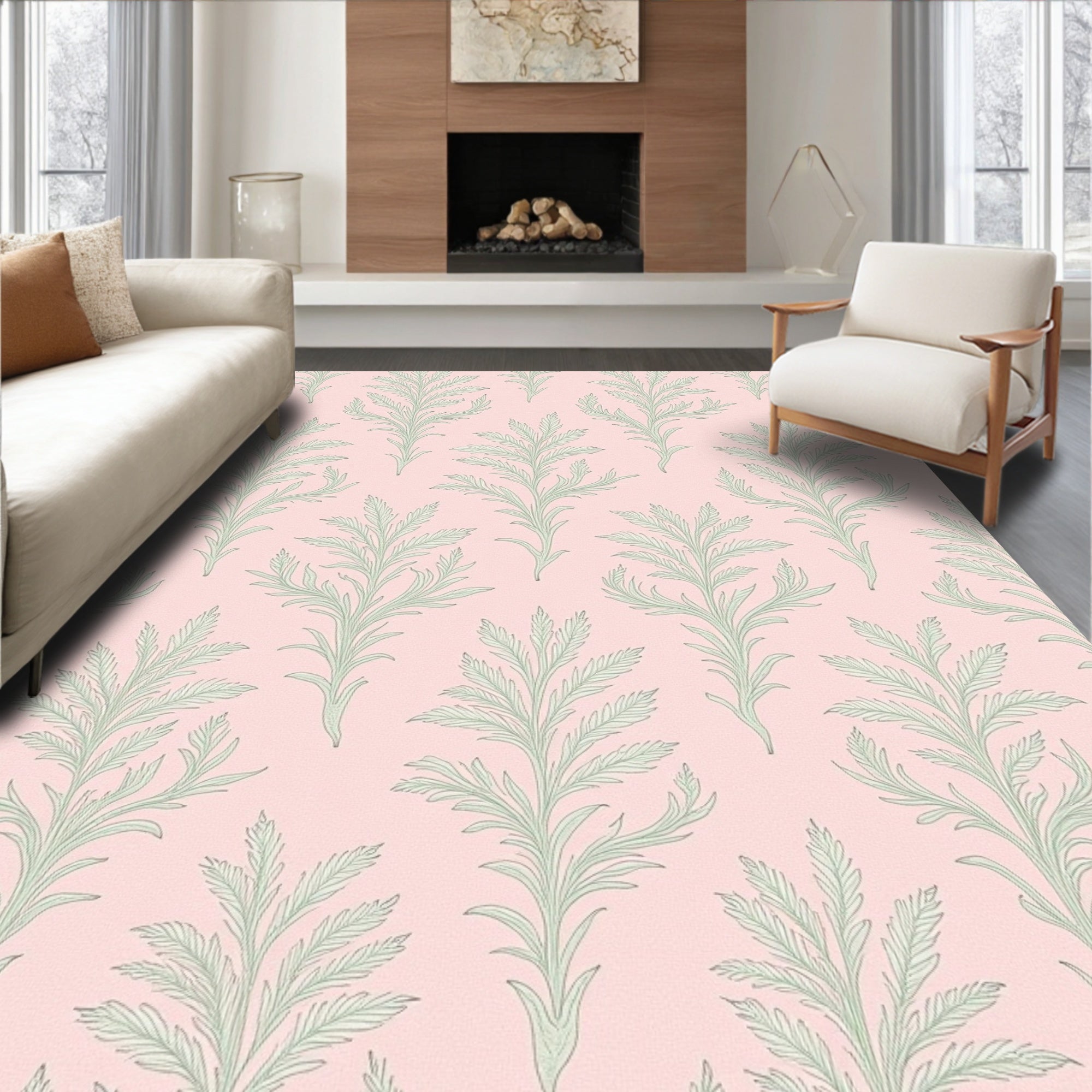 Pale Pink Fern Frond Repeating Rug