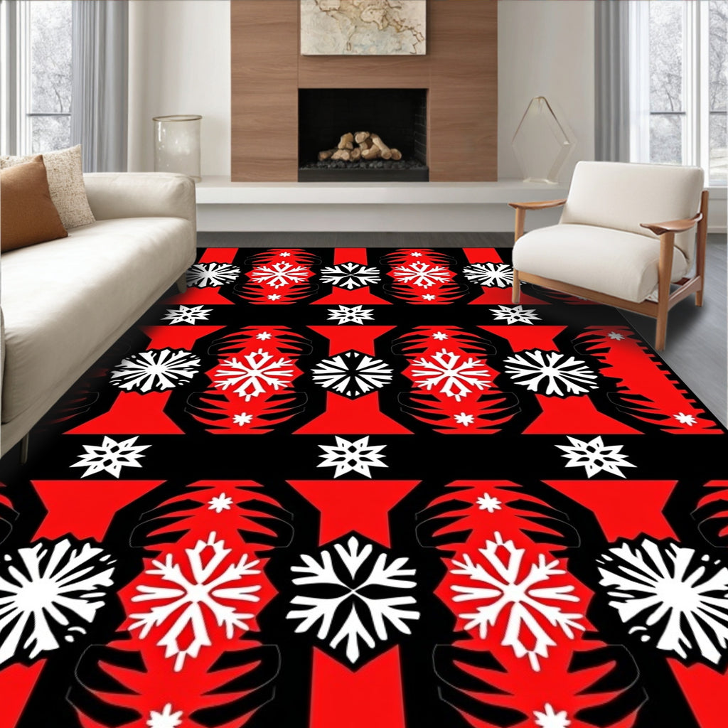Bold Red Black Snowflake Symmetry Rug