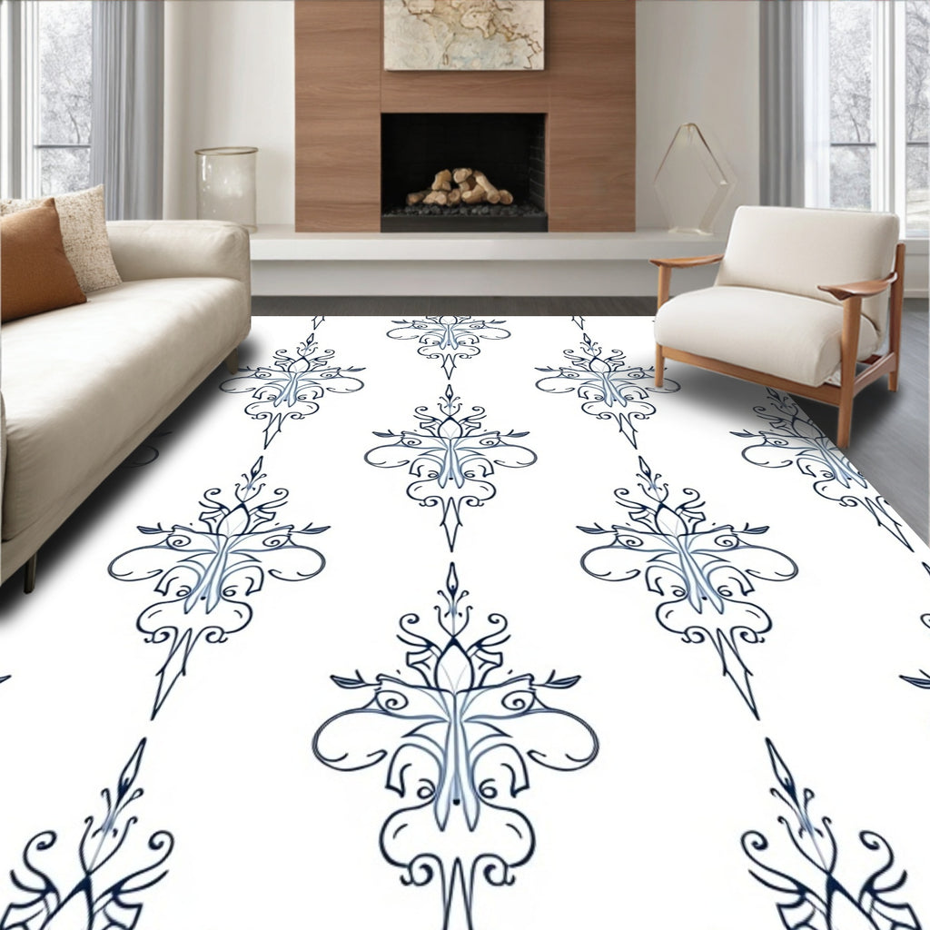 Ornate Blue Scrollwork Damask Rug