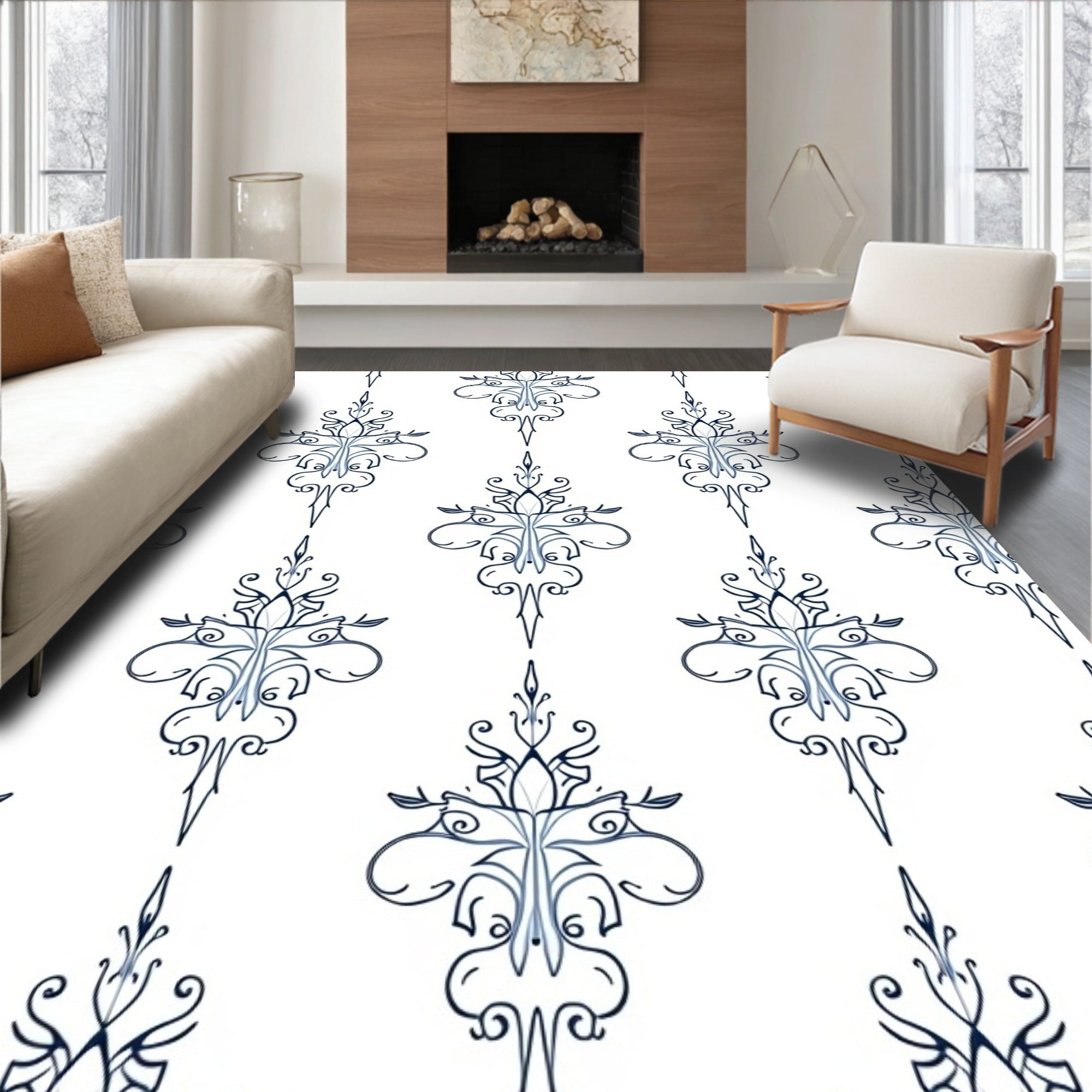 Ornate Blue Scrollwork Damask Rug