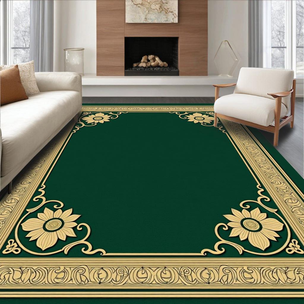 Ornate Emerald Gold Floral Border Rug