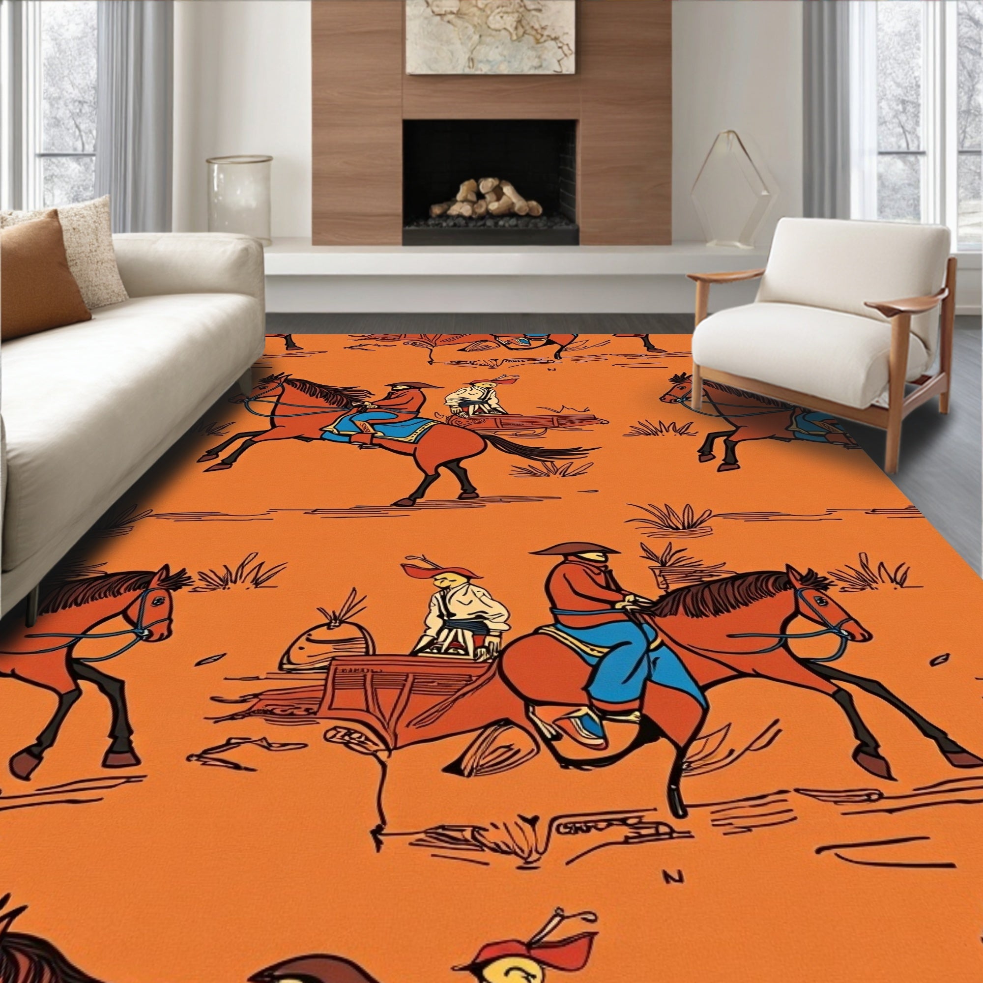 Western Cowboys Riding Horses Orange Rug