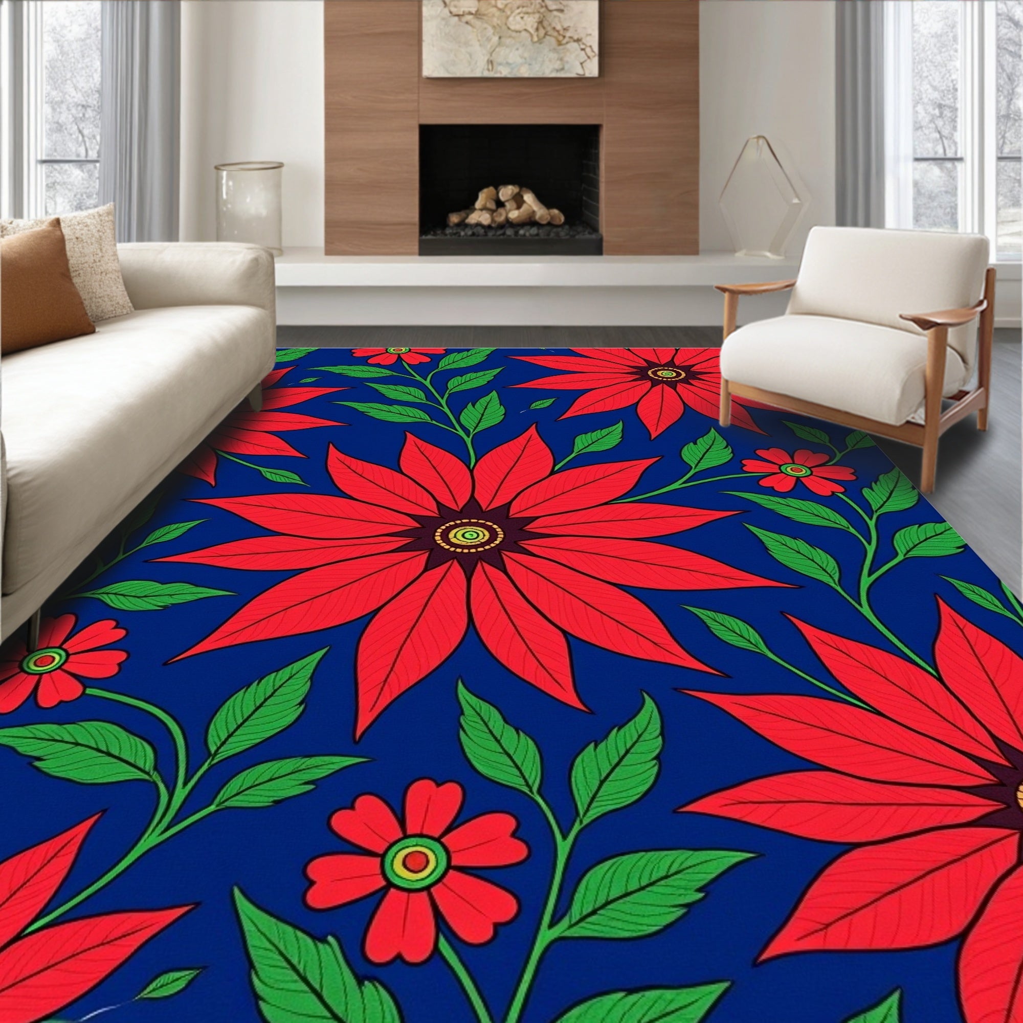 Vibrant Crimson Blossom Vines Rug