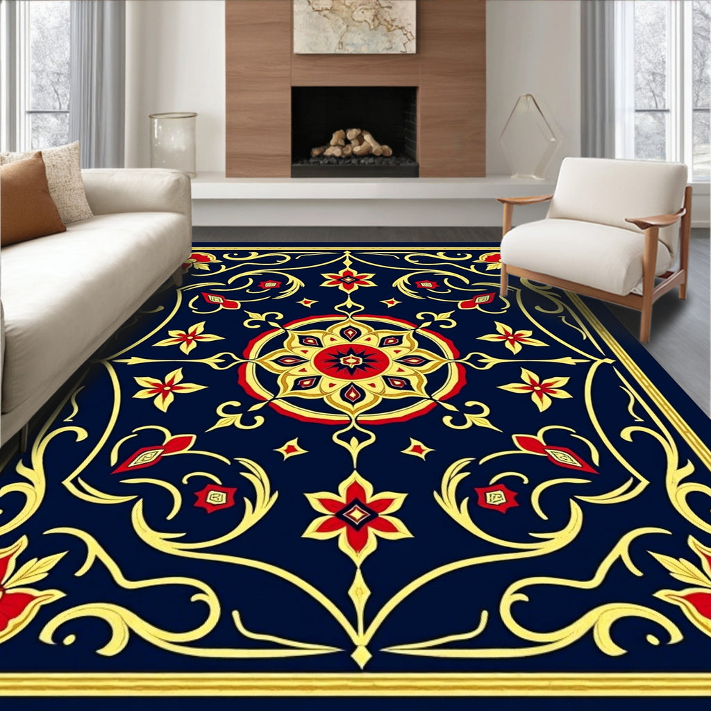 Royal Blue Red Gold Medallion Garden Rug
