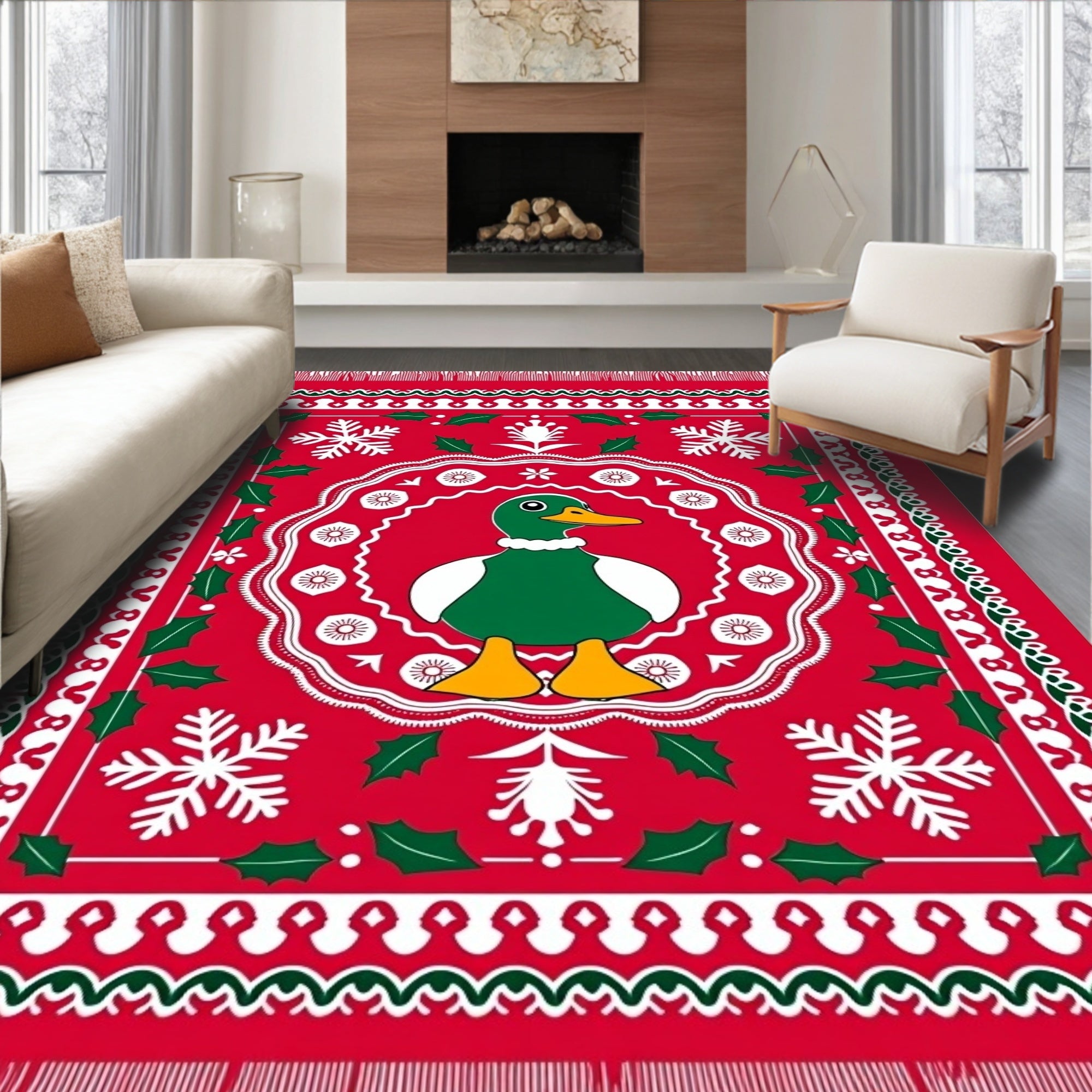 Festive Red Duck Snowflake Holly Rug
