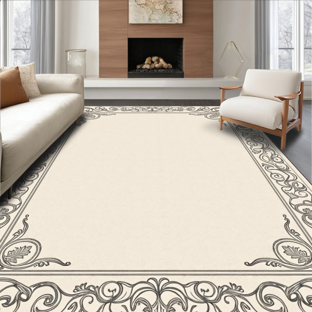 Elegant Ivory Vintage Scroll Border Rug
