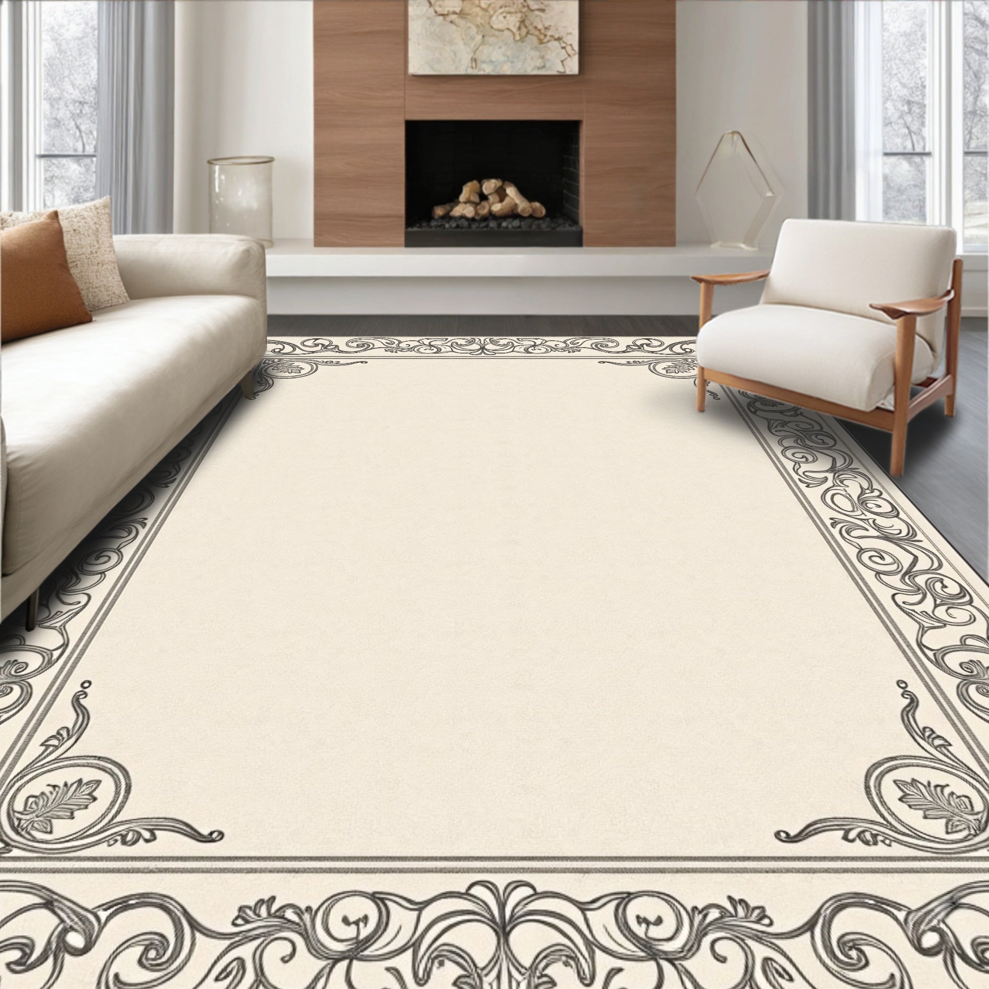 Elegant Ivory Vintage Scroll Border Rug
