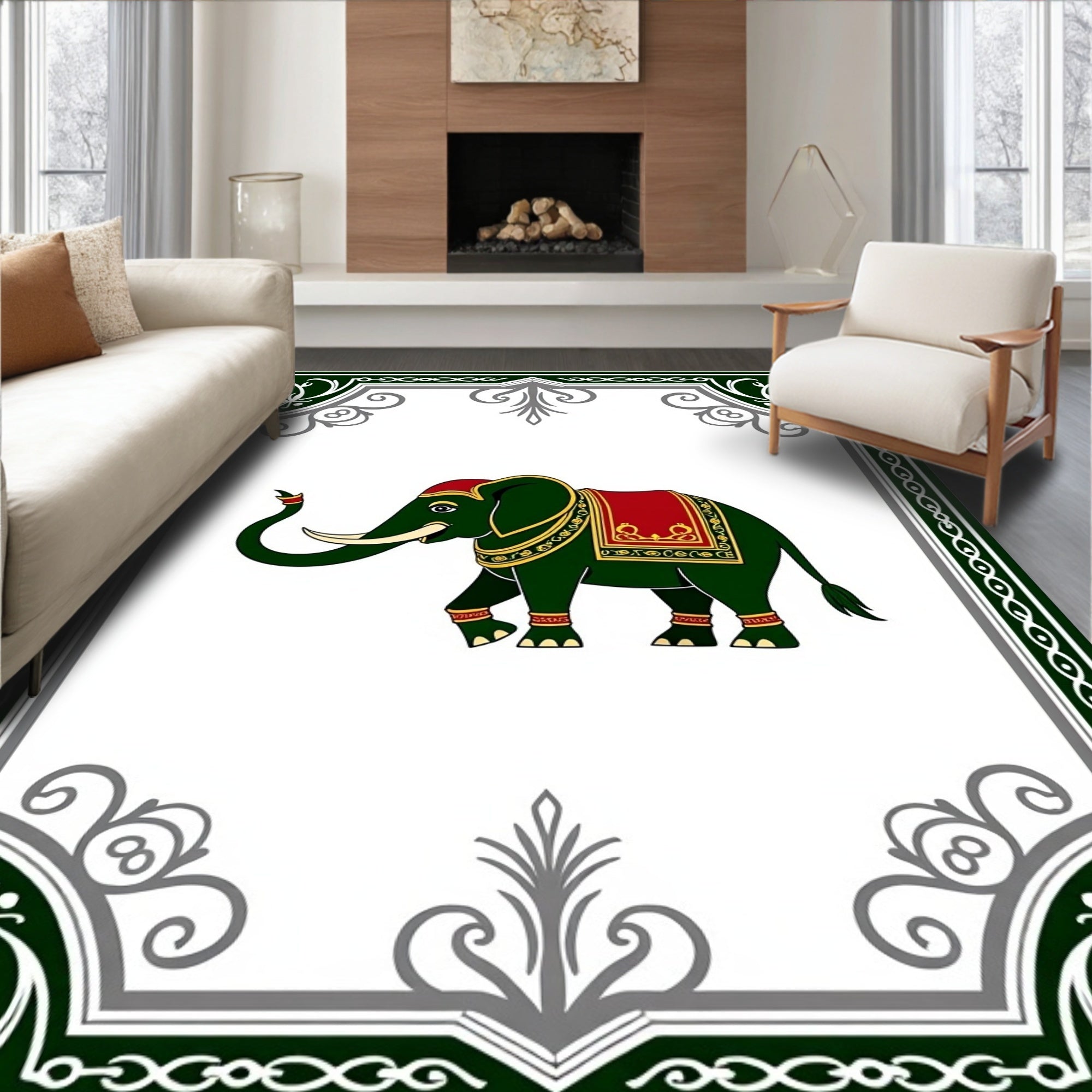 Emerald Elephant Red Medallion Border Rug