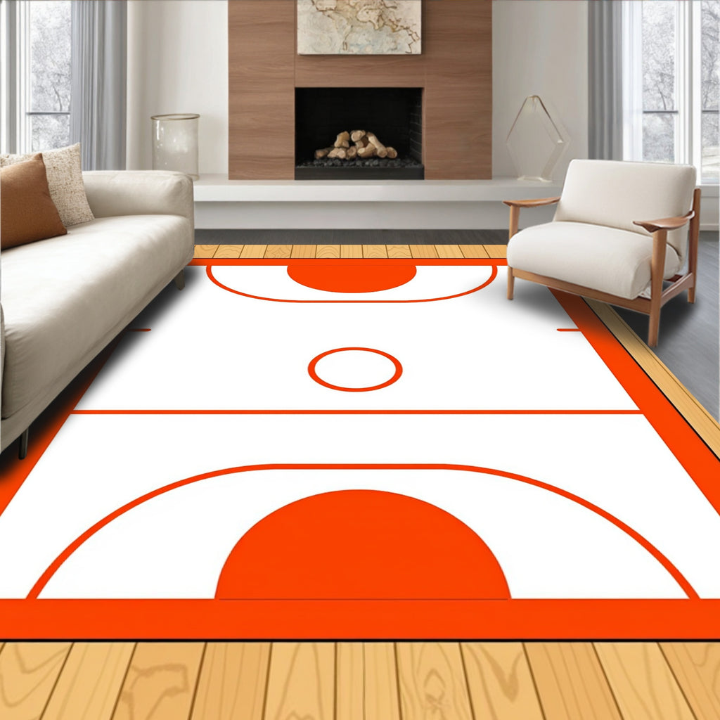 Orange Basketball Court Geometric Design Rug