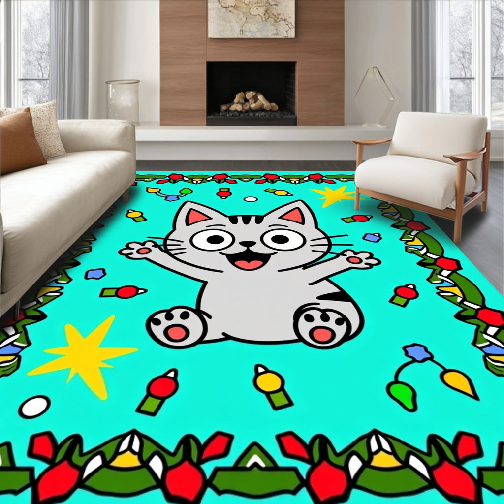 Happy Cat Holiday Lights Rug