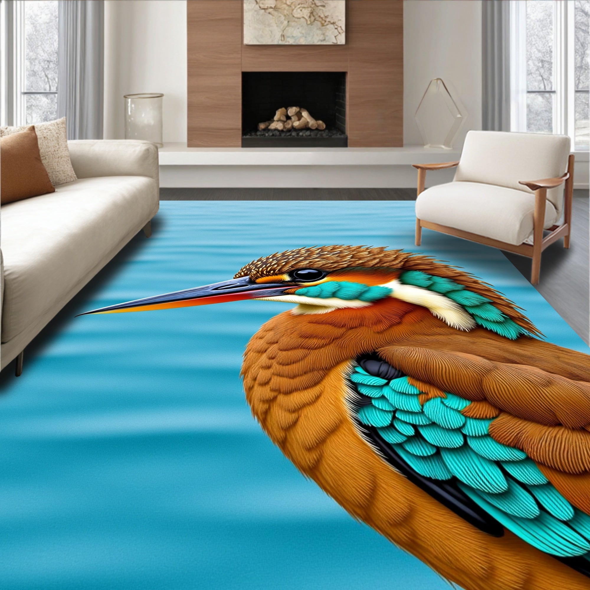 Vibrant Kingfisher Teal Feathered Bird Rug