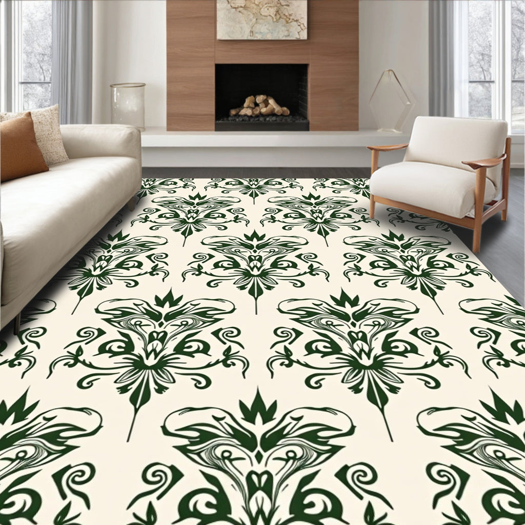 Dark Green Damask Scrollwork Rug