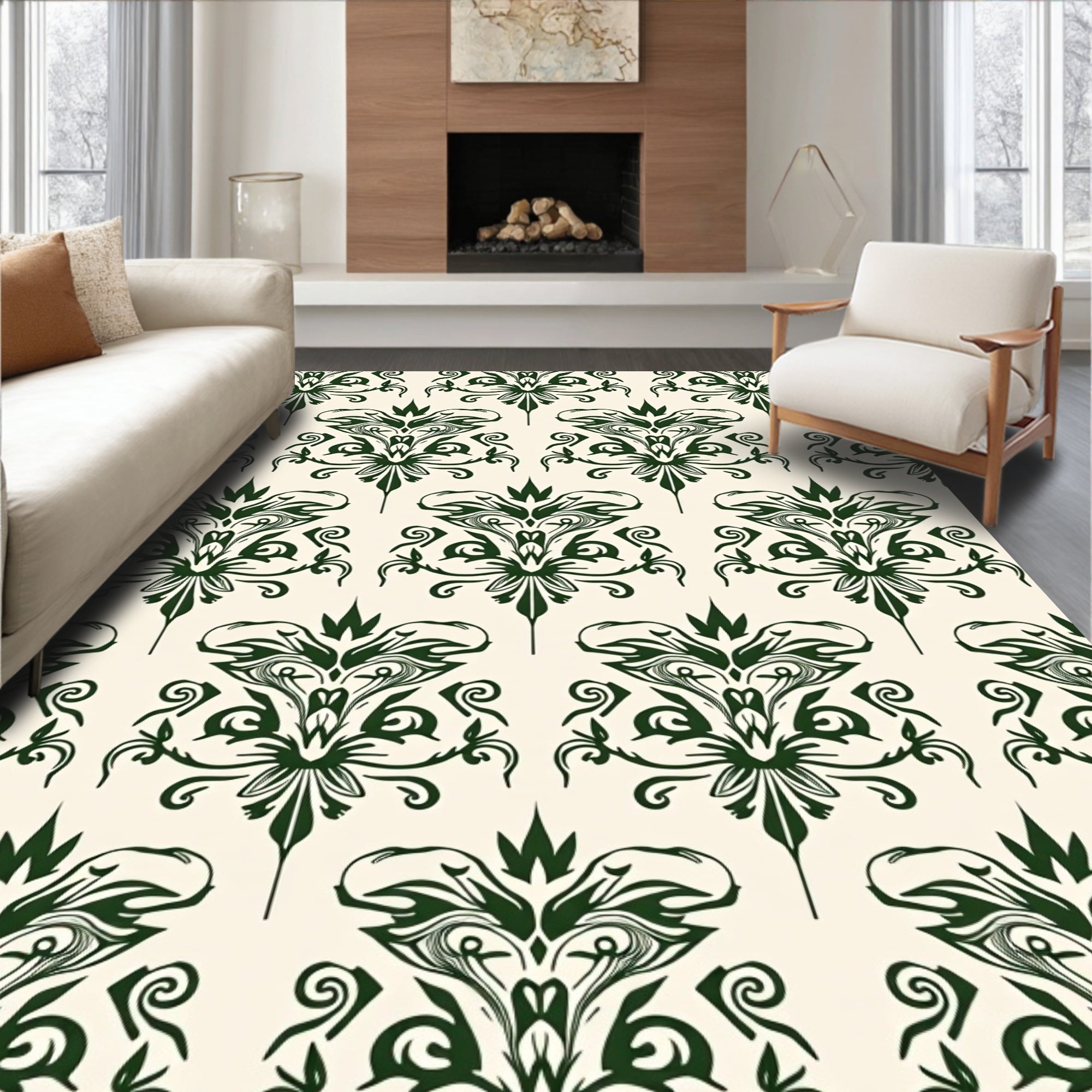 Dark Green Damask Scrollwork Rug