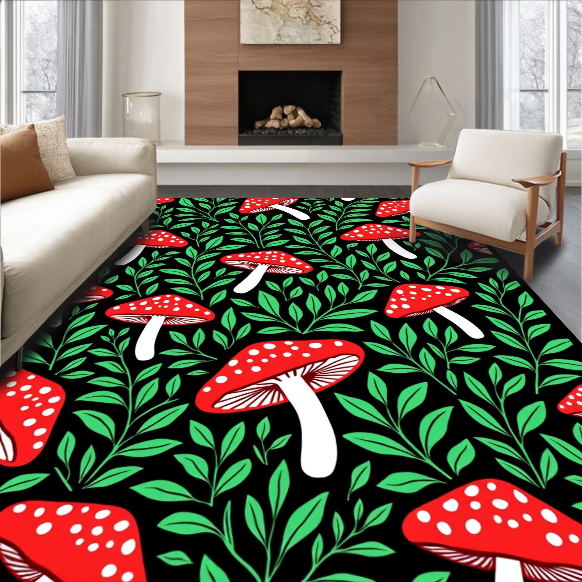 Whimsical Red White Mushroom Woodland Rug