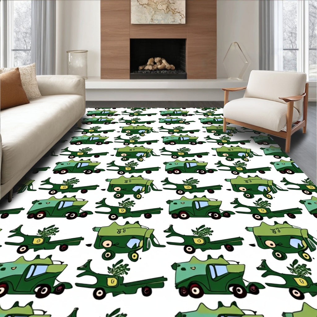 Green Toon Trucks With Plants Rug