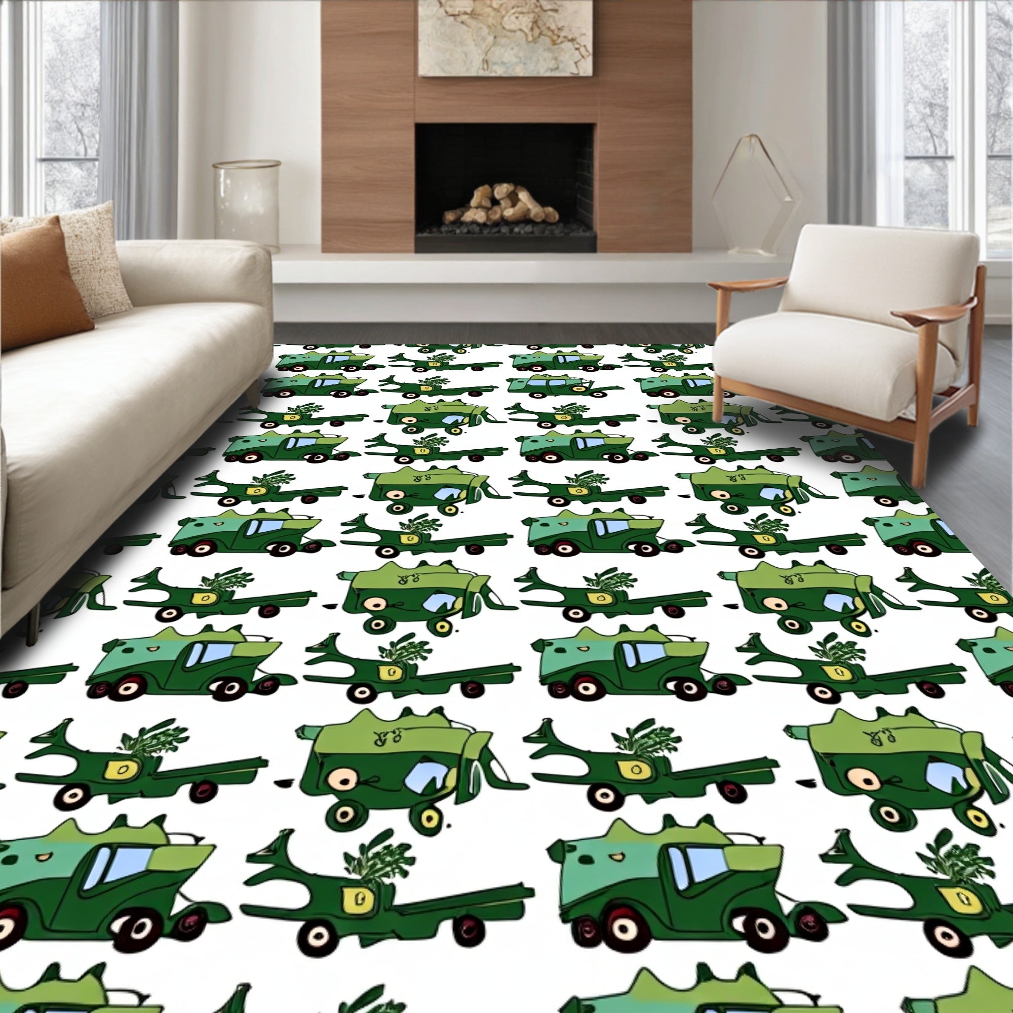 Green Toon Trucks With Plants Rug