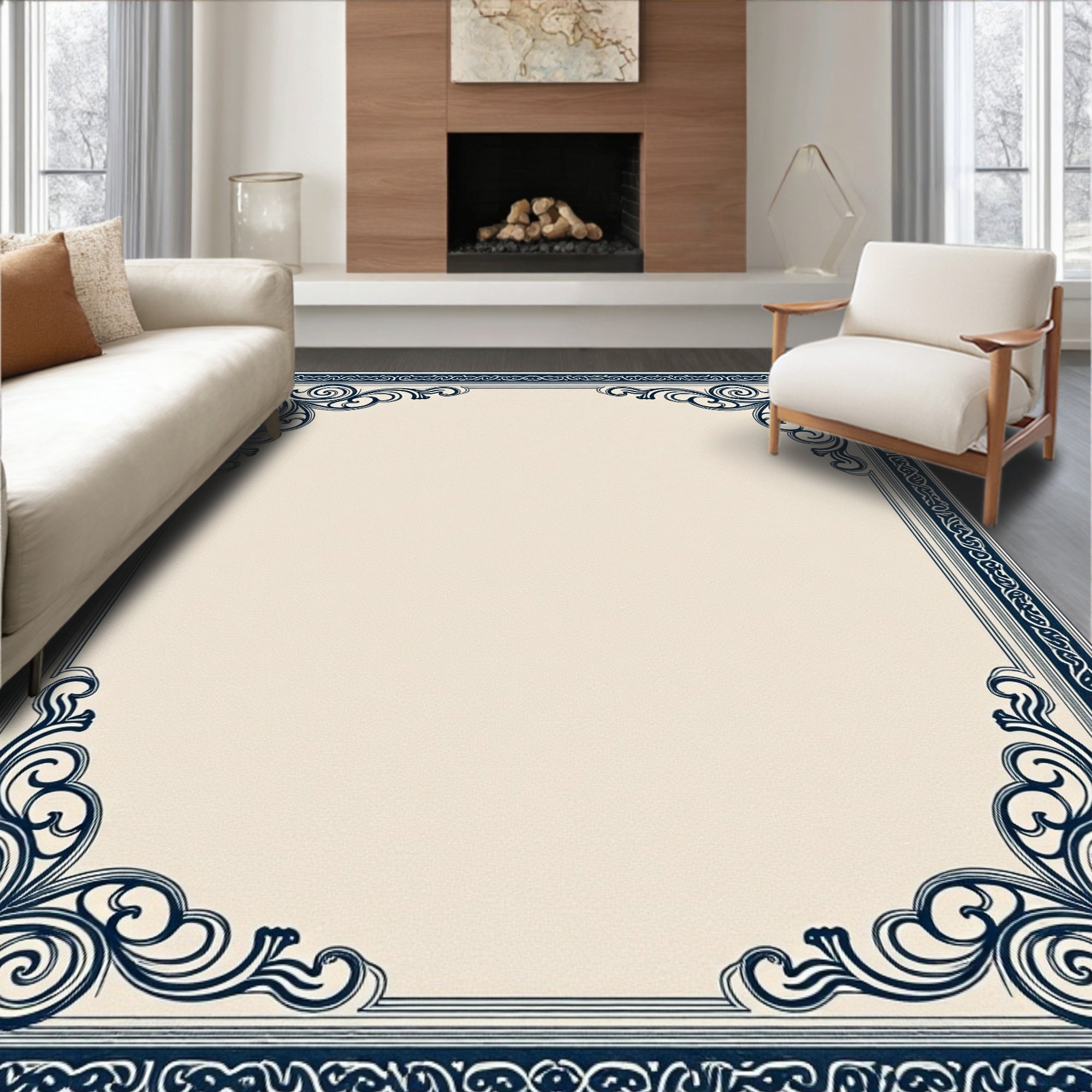 Navy Scrollwork Ivory Border Rug