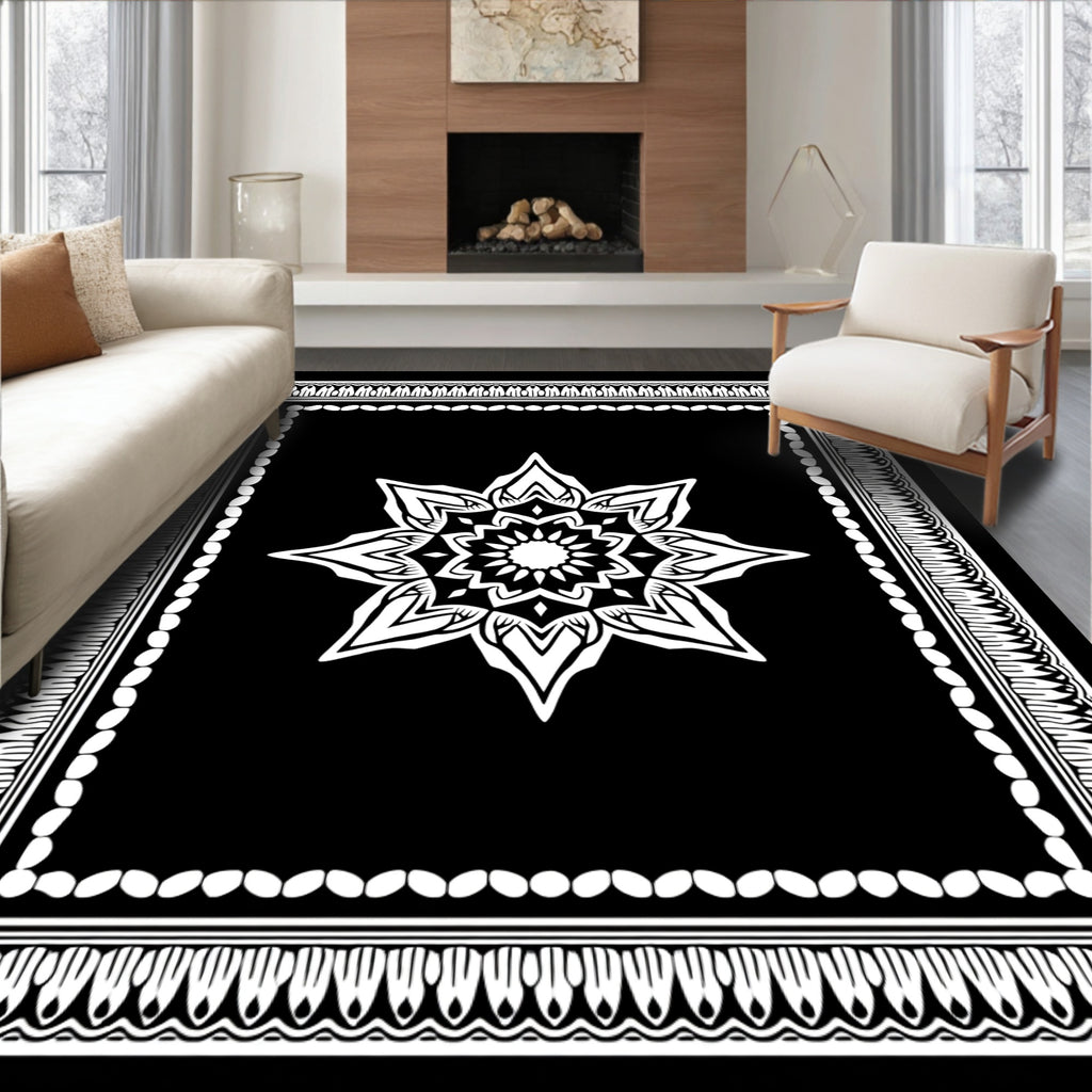 Black White Elaborate Floral Mandala Rug