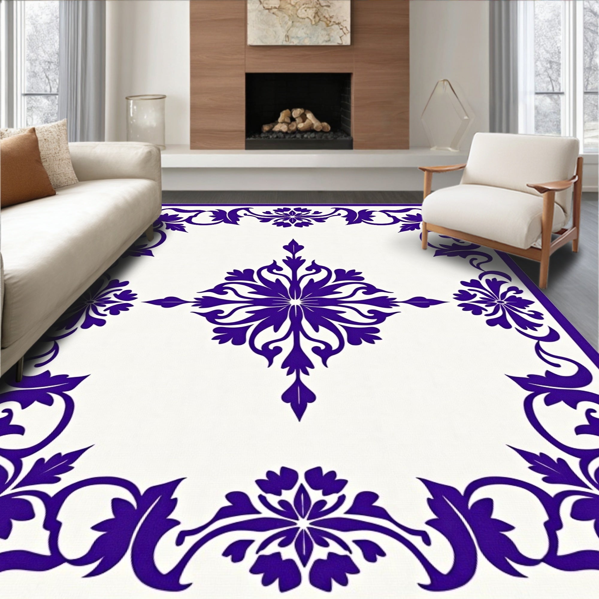 Ornate Purple Floral Border Medallion Rug