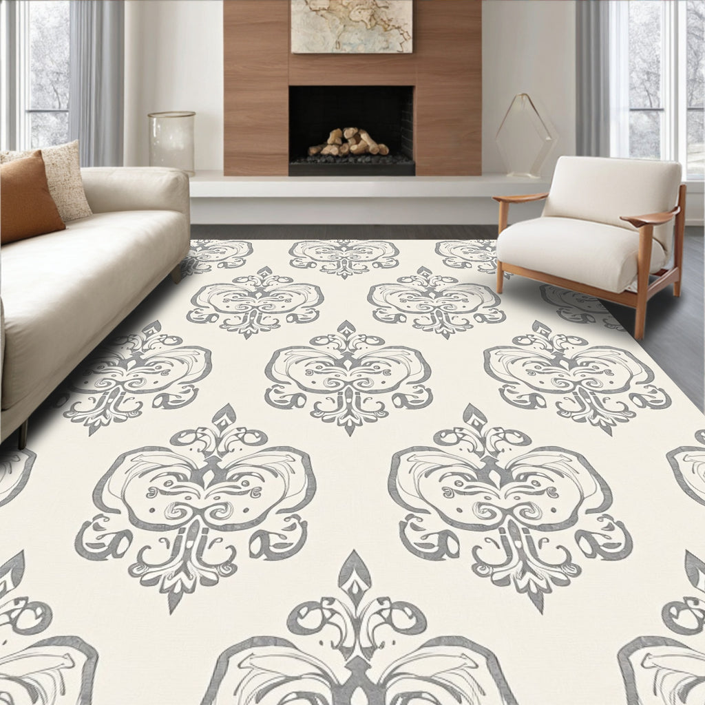 Vintage Gray Damask Scroll Rug