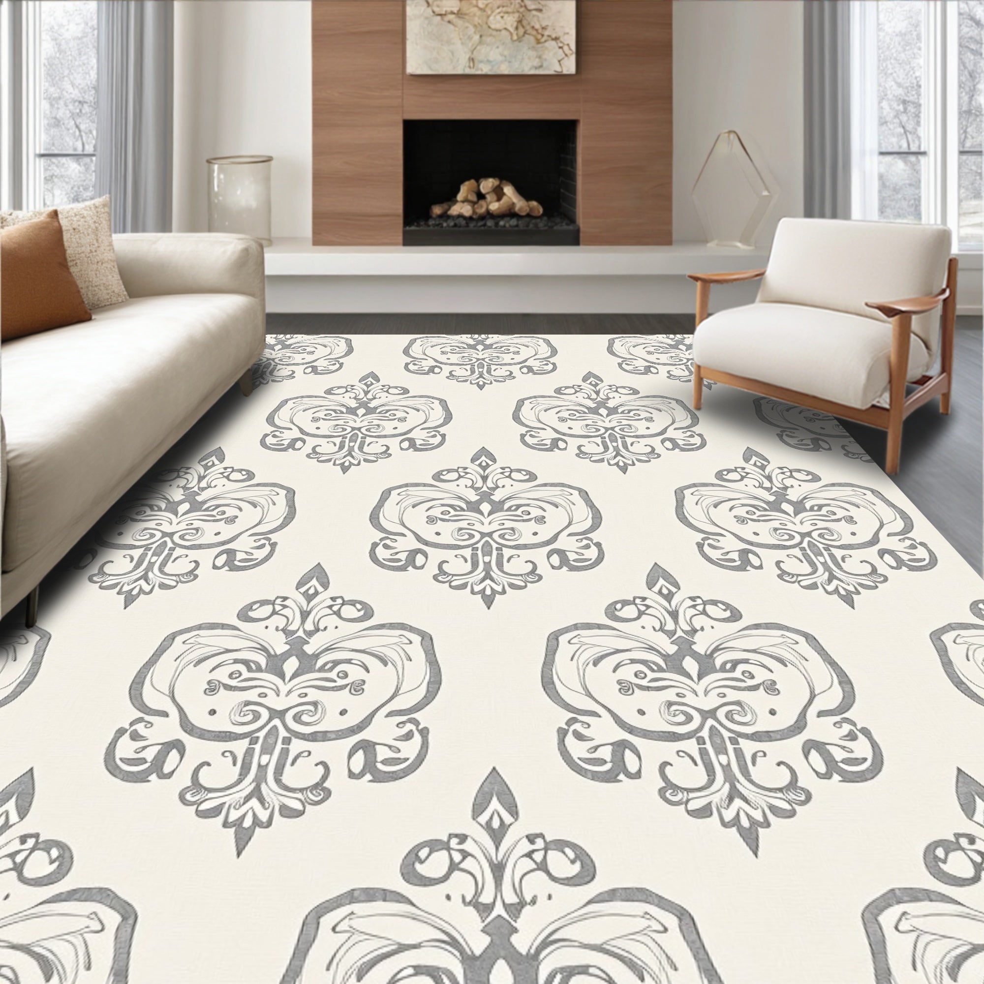 Vintage Gray Damask Scroll Rug