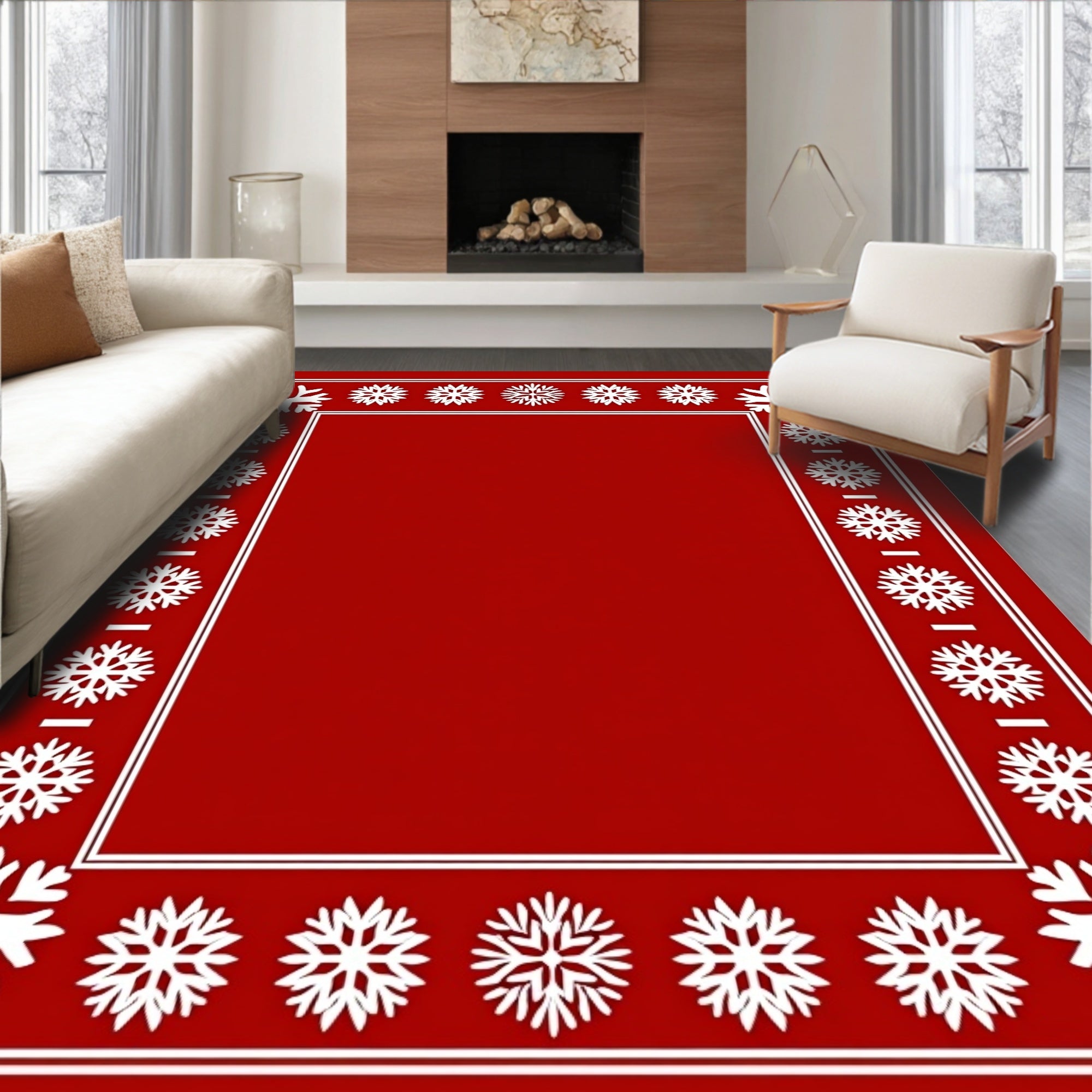 Festive Red White Snowflake Border Rug