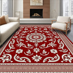 Deep Red Ivory Ornate Botanical Tapestry Rug
