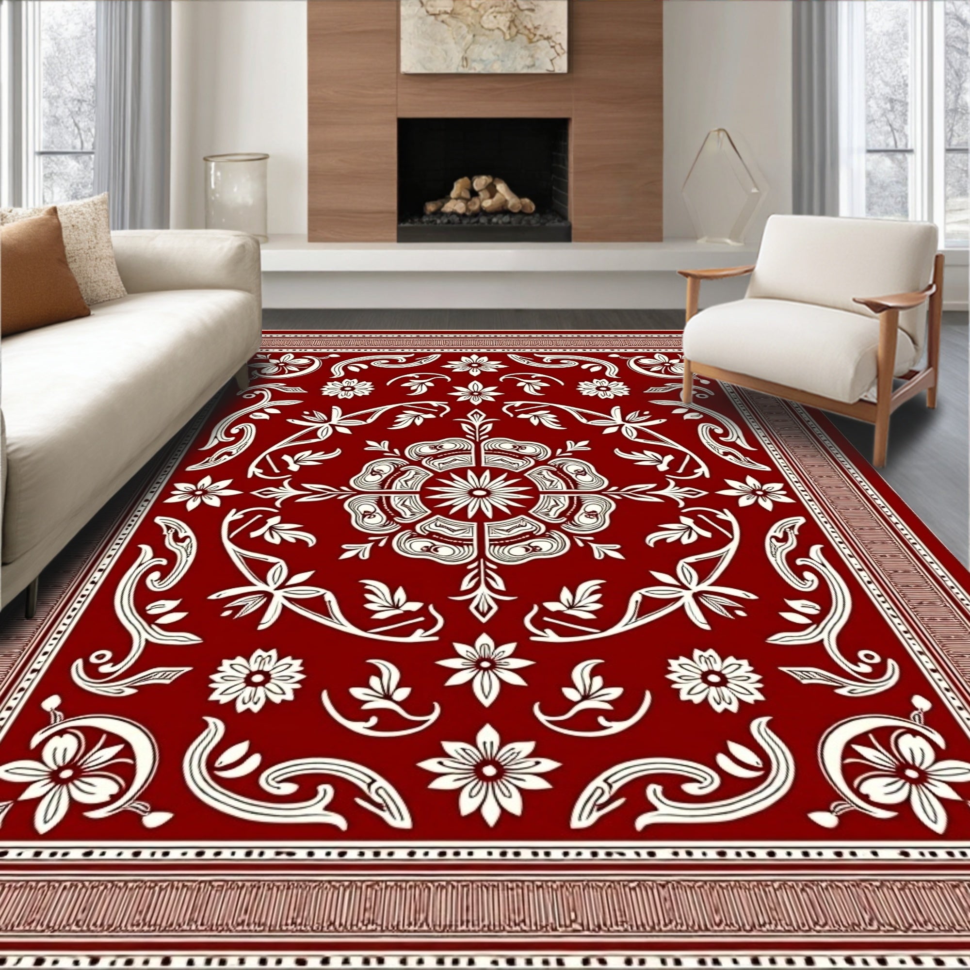 Deep Red Ivory Ornate Botanical Tapestry Rug