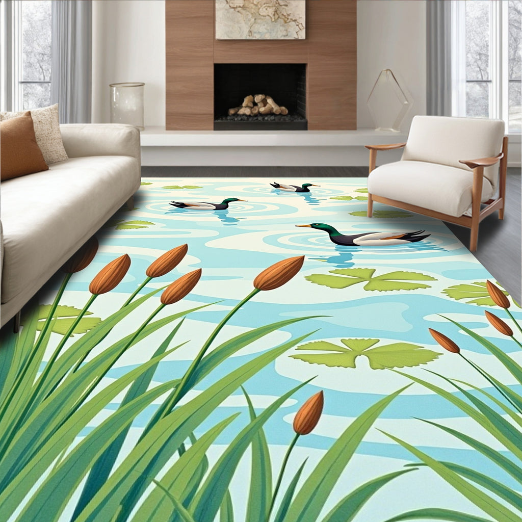 Calm Pond Ducks Lily Pads Cattails Rug
