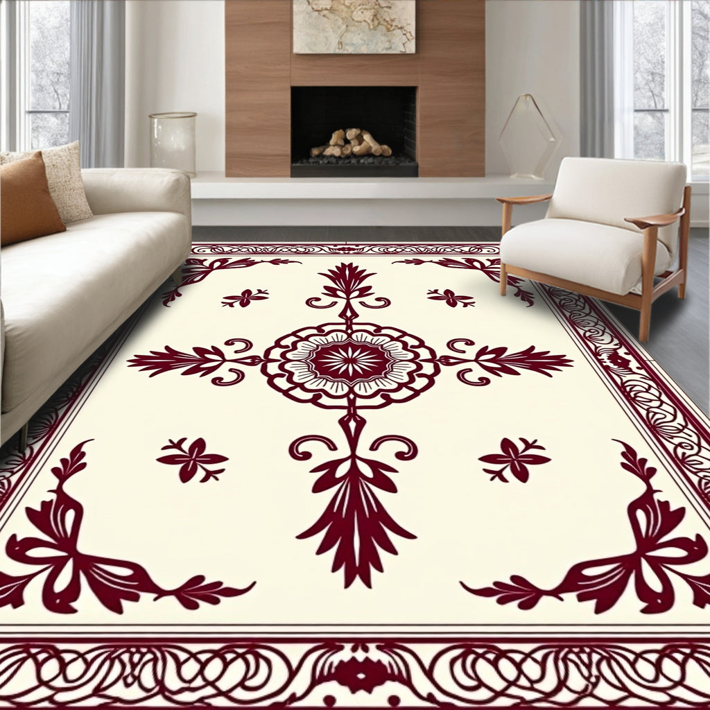 Deep Red Central Bloom Corner Accents Rug