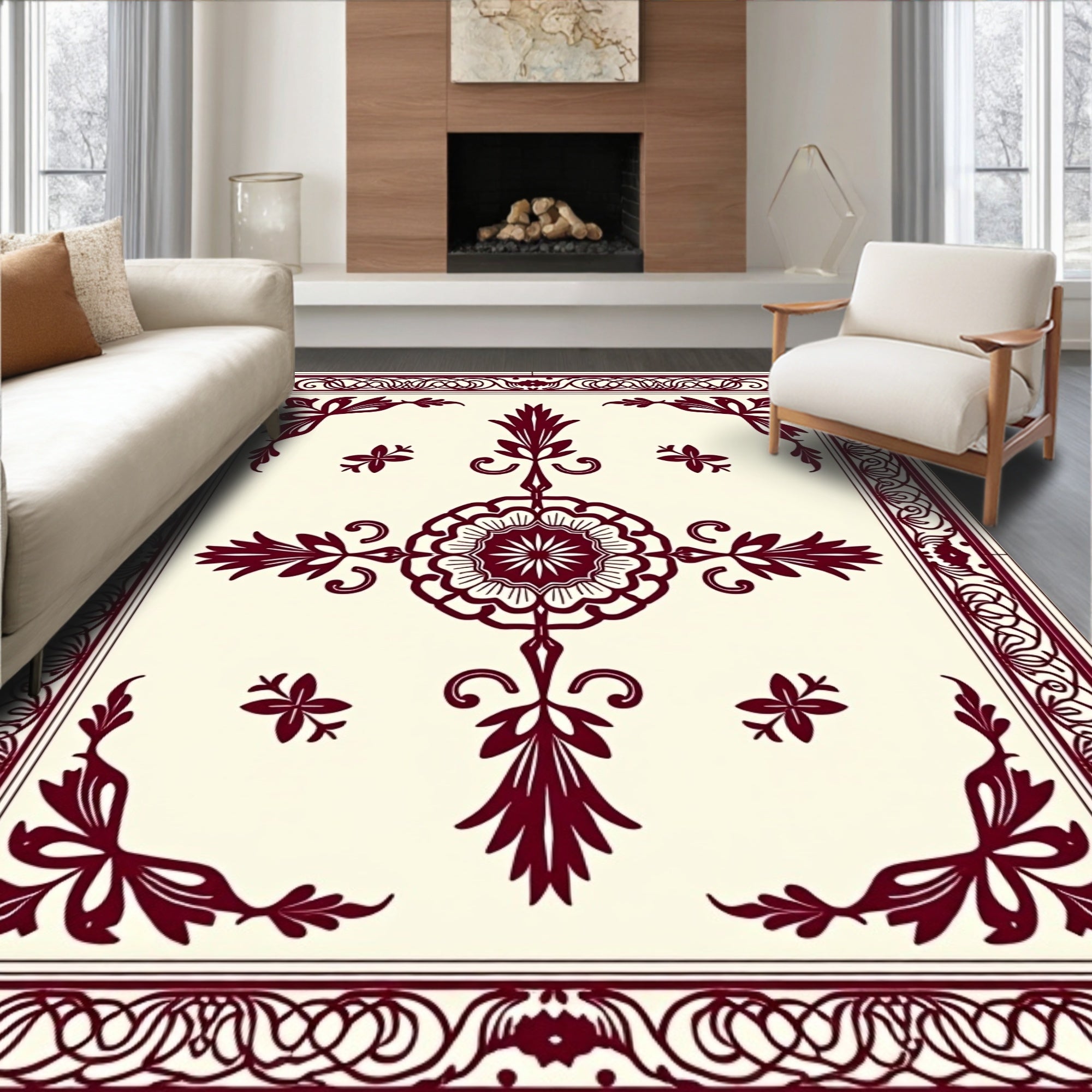 Deep Red Central Bloom Corner Accents Rug