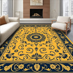Ornate Gold and Navy Floral Medallion Rug
