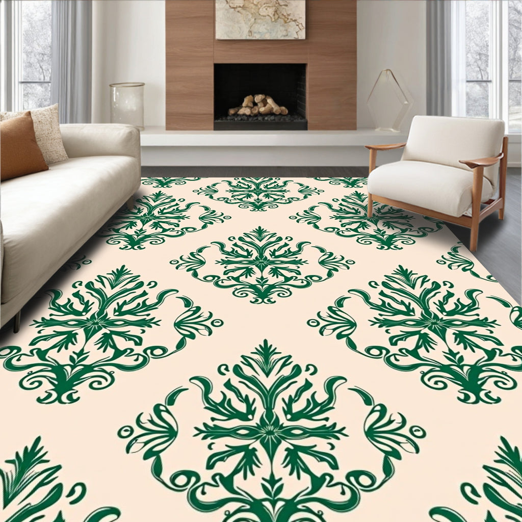 Dark Green Vintage Floral Damask Rug