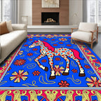 Bright Blue Floral Horse Whimsical Border Rug