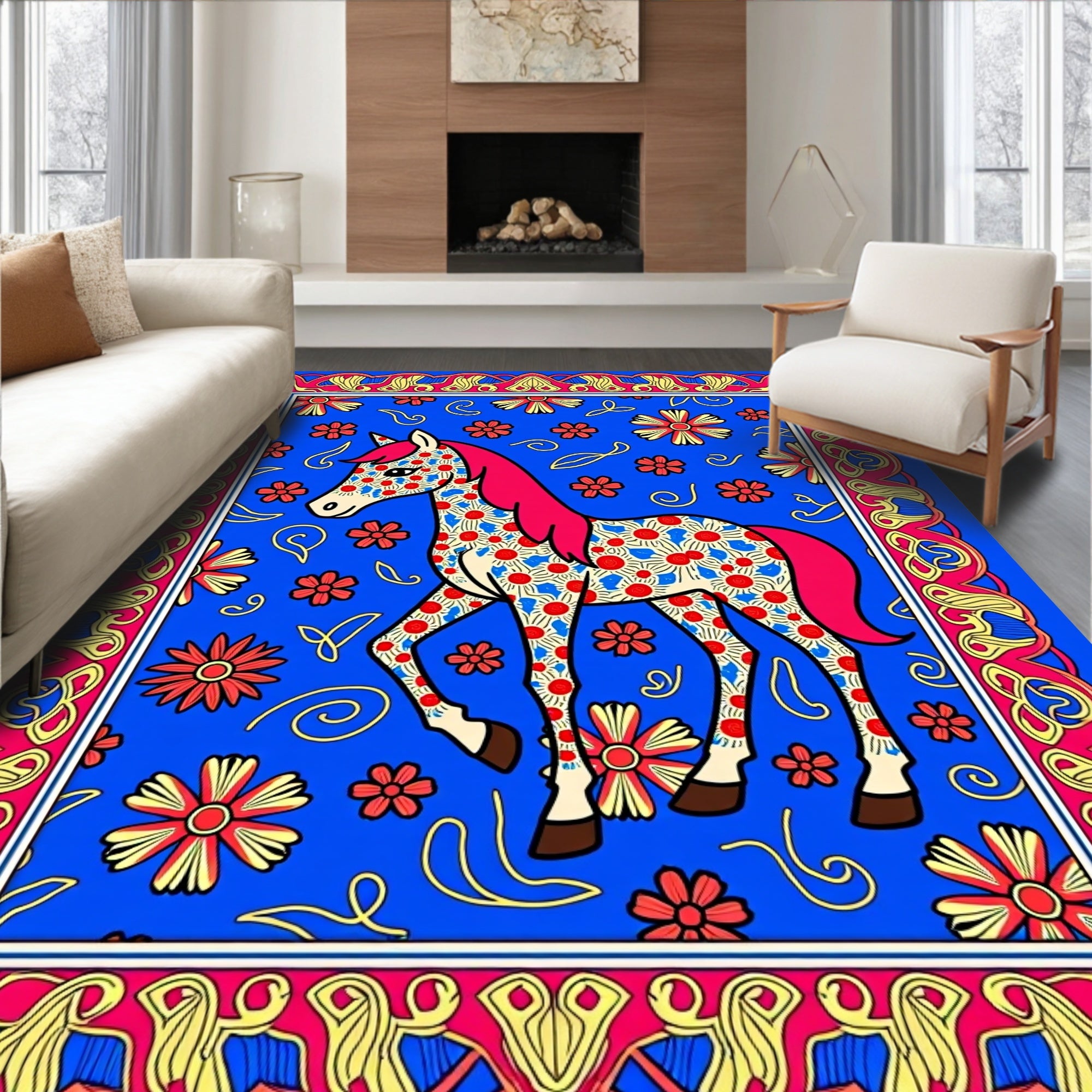 Bright Blue Floral Horse Whimsical Border Rug