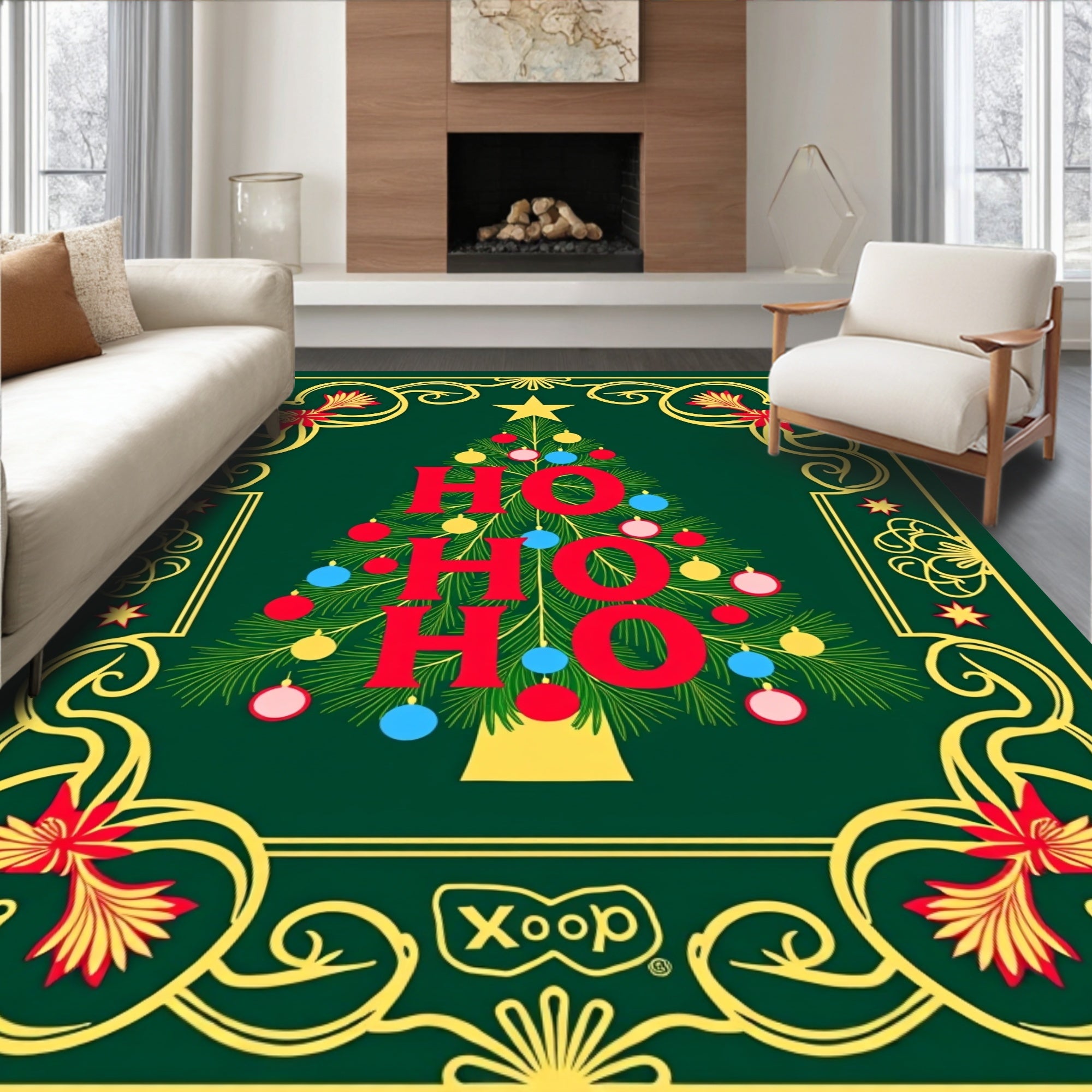 Festive Green Christmas Tree Ho Ho Ho Rug