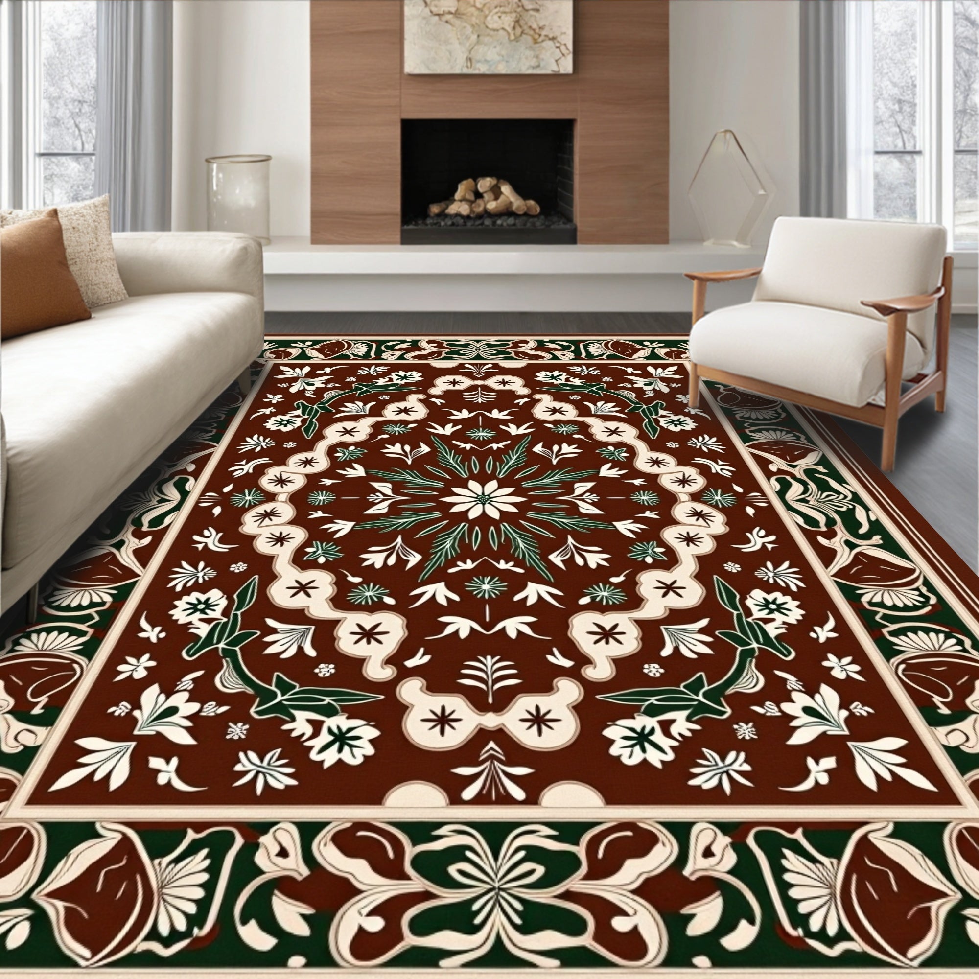 Deep Sienna Floral Medallion Border Rug